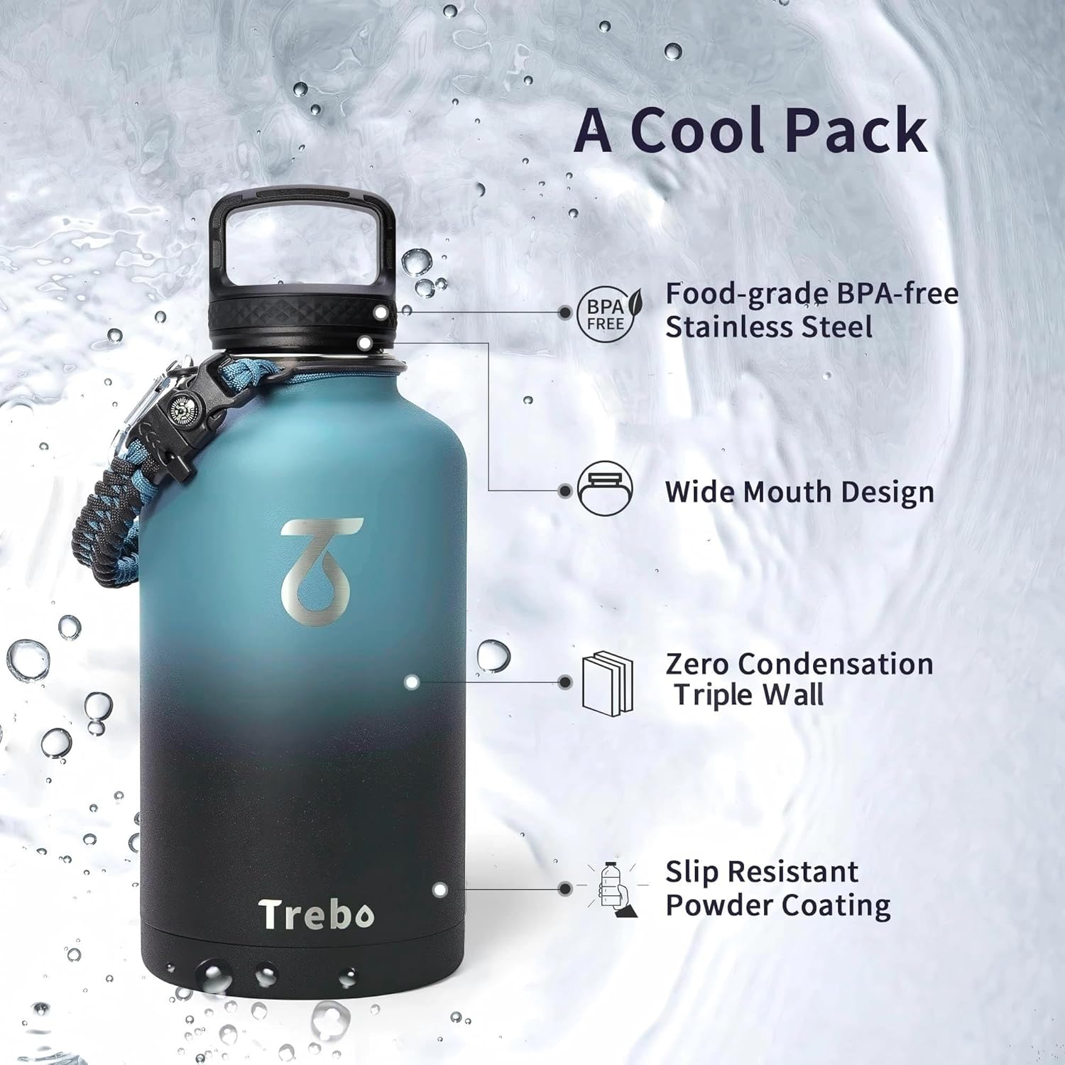 Detalle 2 de Trebo 64oz Vacuum Insulated Water Bottle with Paracord Handle (Indigo/Black)