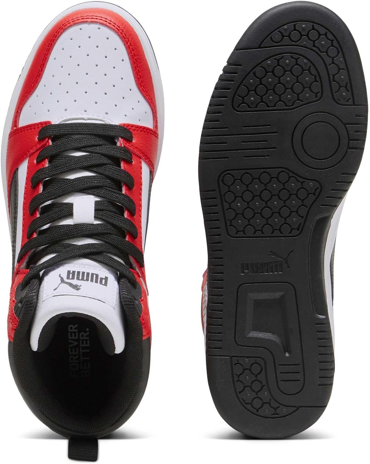 Detalle de PUMA Rebound V6 Mid Jr: Zapatillas unisex para niños en blanco/negro/rojo (36 EU)