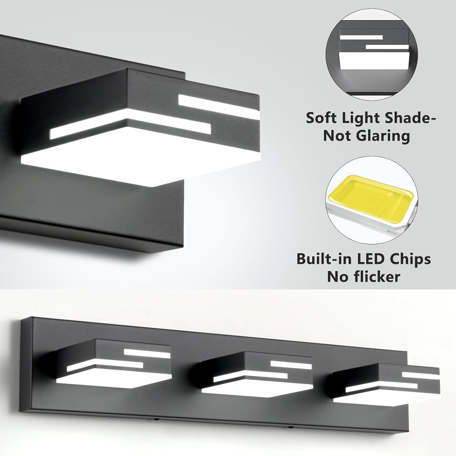 Detalle de LKHF 9553 3-Light LED Vanity Light, 56 cm Matte Black, 6000K, Dimmable