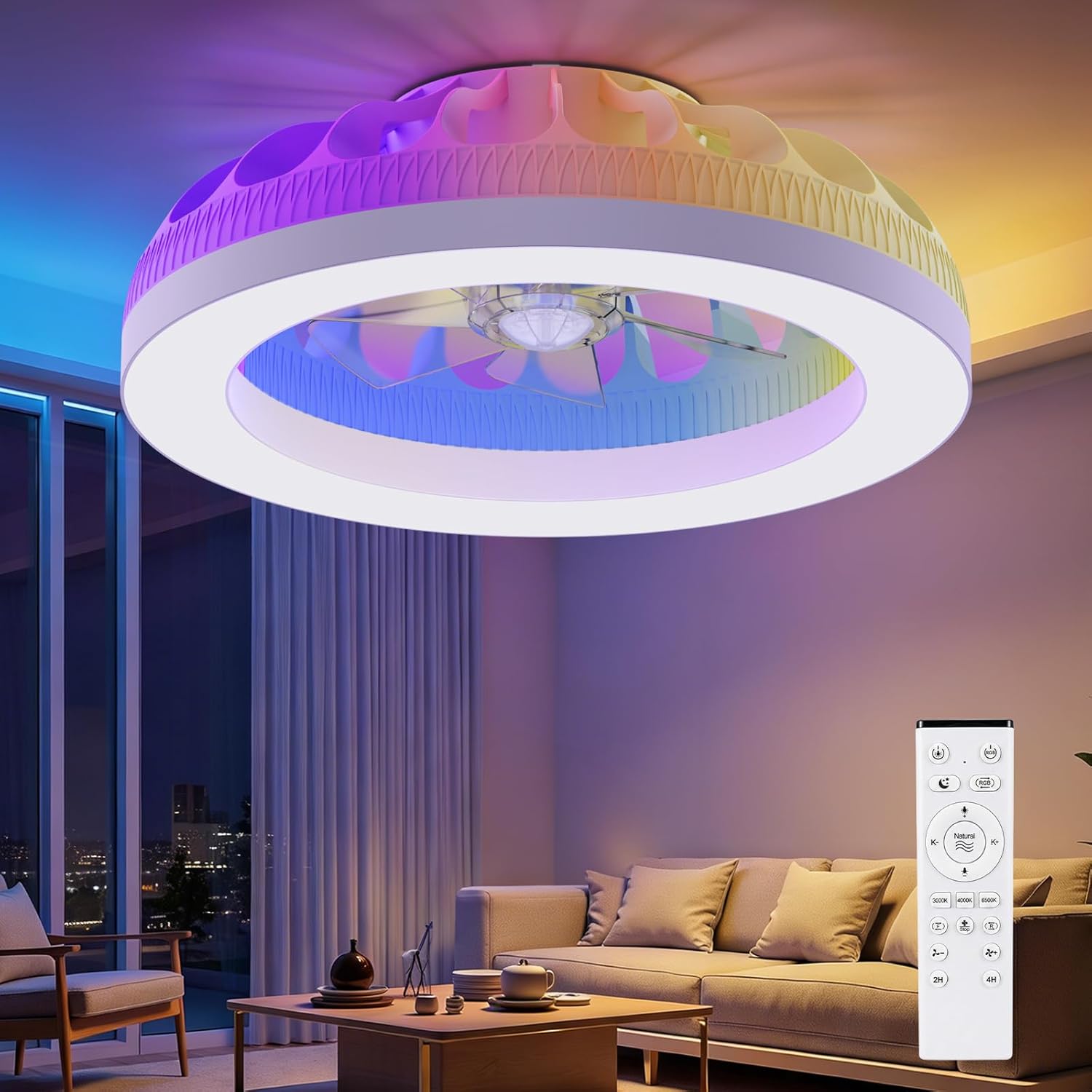 Detalle de Ateroll Deckenventilator mit Beleuchtung Ø48 cm – 6 Windstufen, RGB-Licht & Fernbedienung