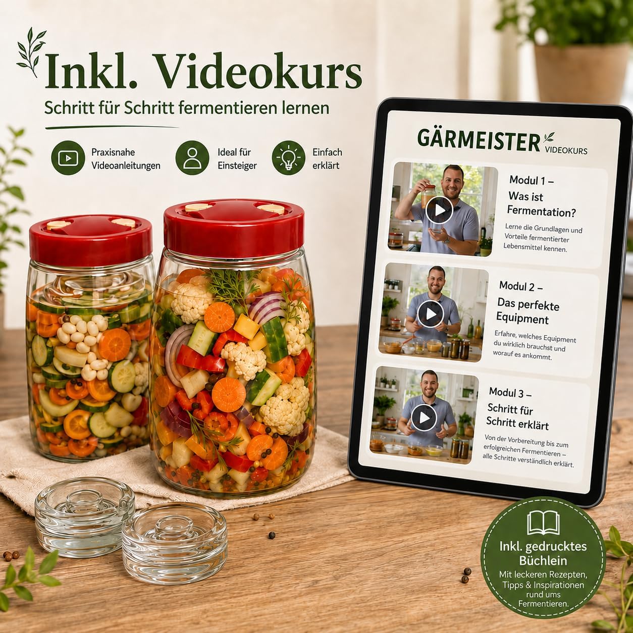 Detalle de GREEN WISE Fermentierglas Set 2er – je 1,4 L mit Gärventil, Deckel & Gewichten