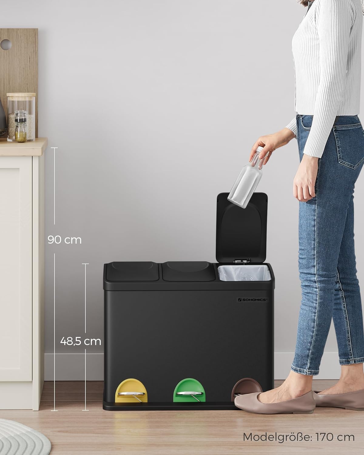Thumbnail 6 de SONGMICS 3-Fächer-Küchen-Mülleimer LTB45B mit 45-Liter-Mülltrennsystem (Metall, 3×15 Liter, Tretdeckel)
