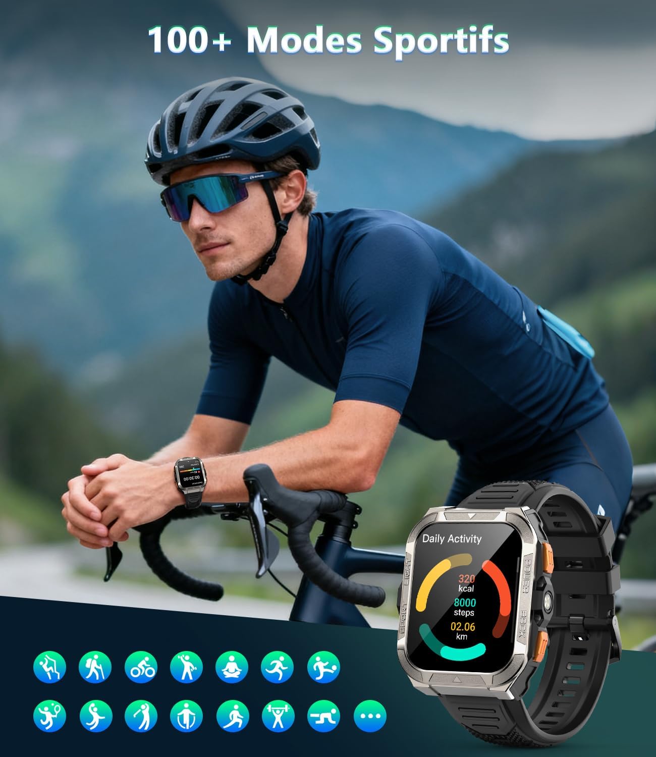 Thumbnail 3 de IOWODO Montre connectée 2026 avec GPS, lampe torche LED et boussole intégrée