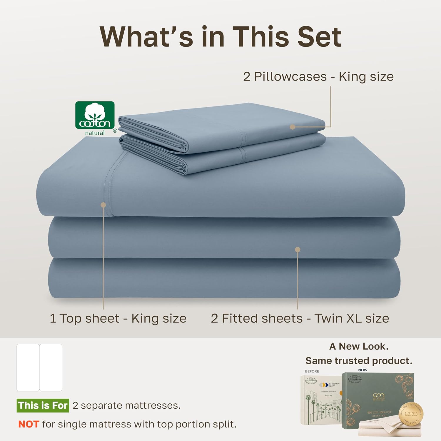 Detalle 2 de California Design Den 840307158567 Split King Sheet Set, 600-Thread-Count Cotton Sateen