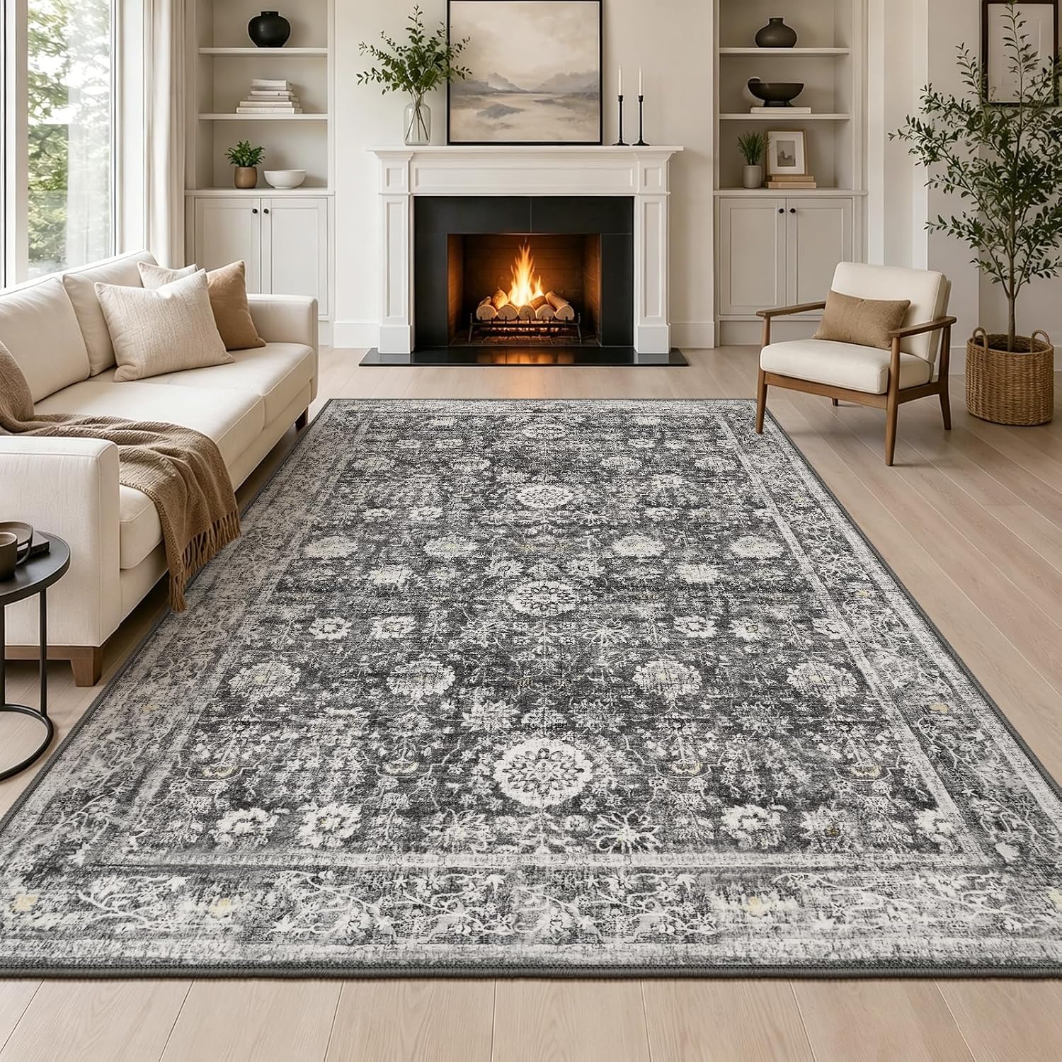 Detalle de Capslpad Vintage Floral Area Rug, 244 x 305 cm, Washable, Non-Slip, Dark Grey