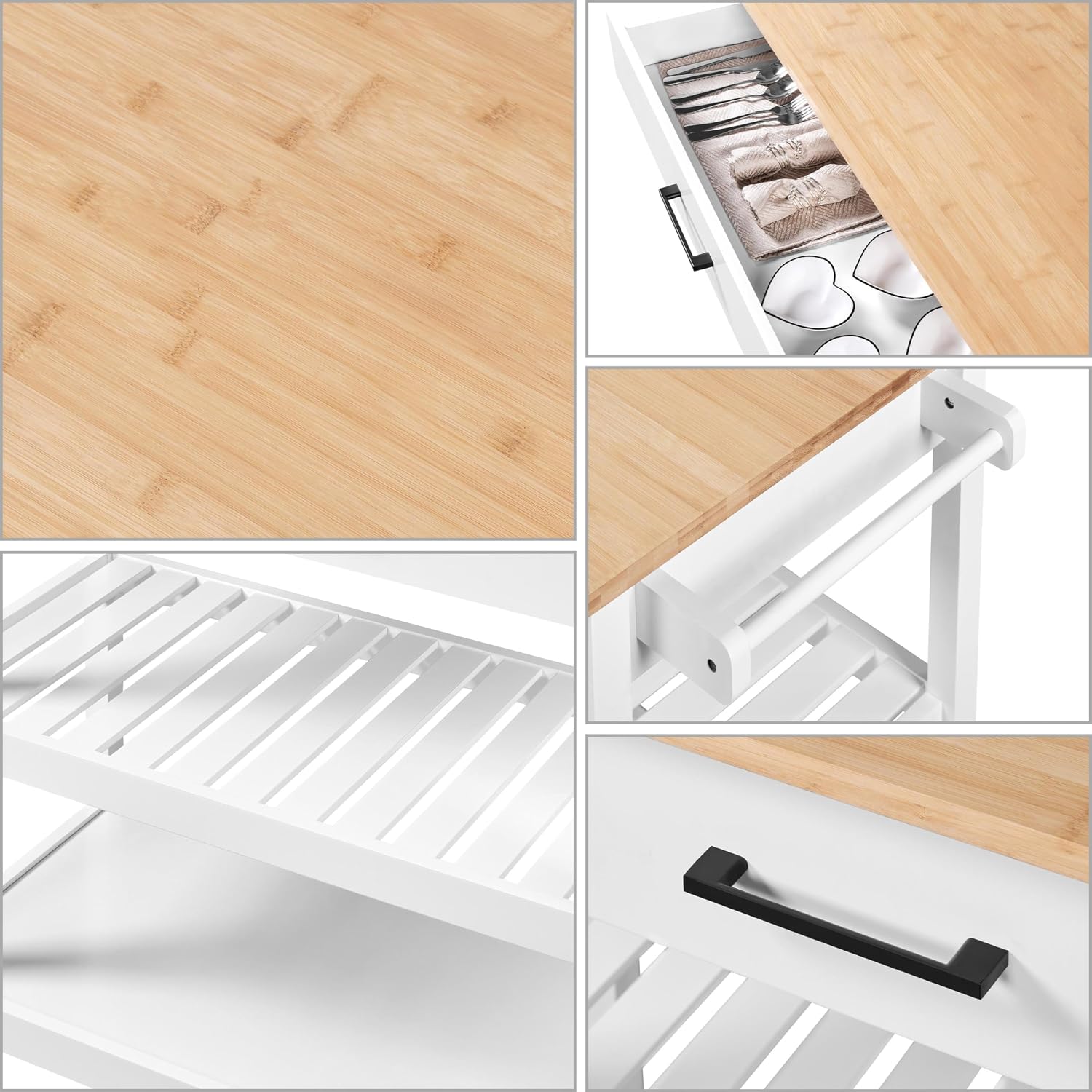 Thumbnail 6 de Yaheetech YT-00099034-1 Kitchen Island Cart, White, Bamboo Top, Drawer
