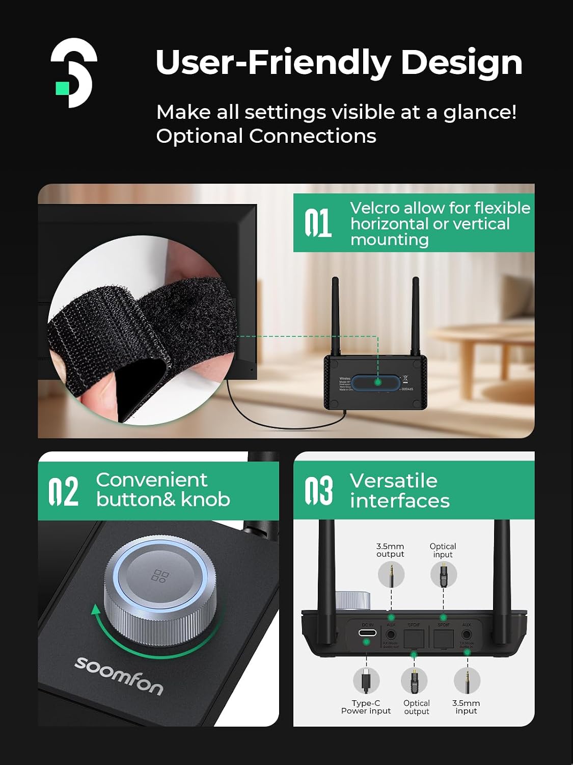 Thumbnail 6 de Soomfon Emetteur Récepteur Bluetooth 5.3 3 en 1 pour TV (TX/RX/Bypass) double connexion, portée jusqu’à 30 m
