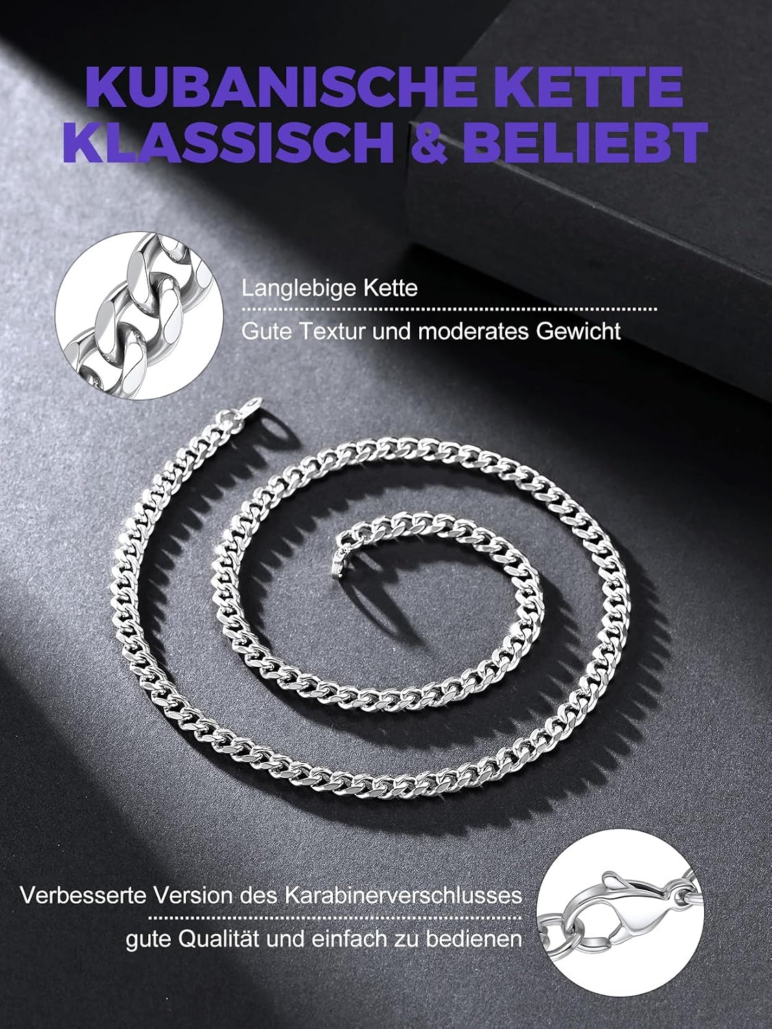 Thumbnail 5 de Richsteel Herren-Halskette klassische kubanische Panzerkette (316L Edelstahl) 3/6/9/12 mm, Länge 36–76 cm