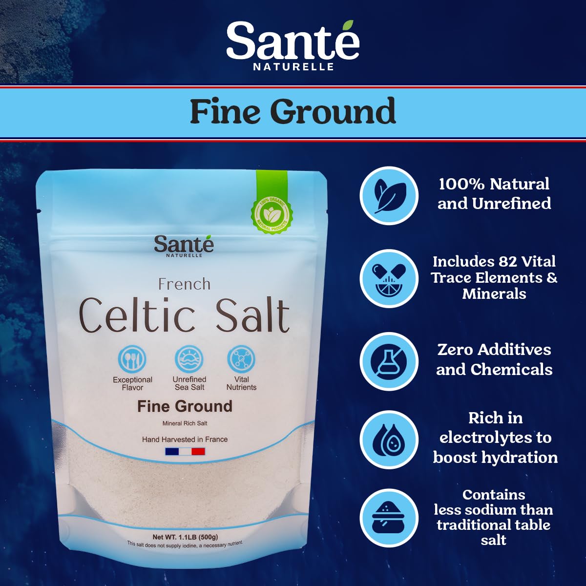 Detalle de Sante Naturelle Celtic Sea Salt Bundle, Fine Ground & Gray Coarse, 18 oz, 2-Pack