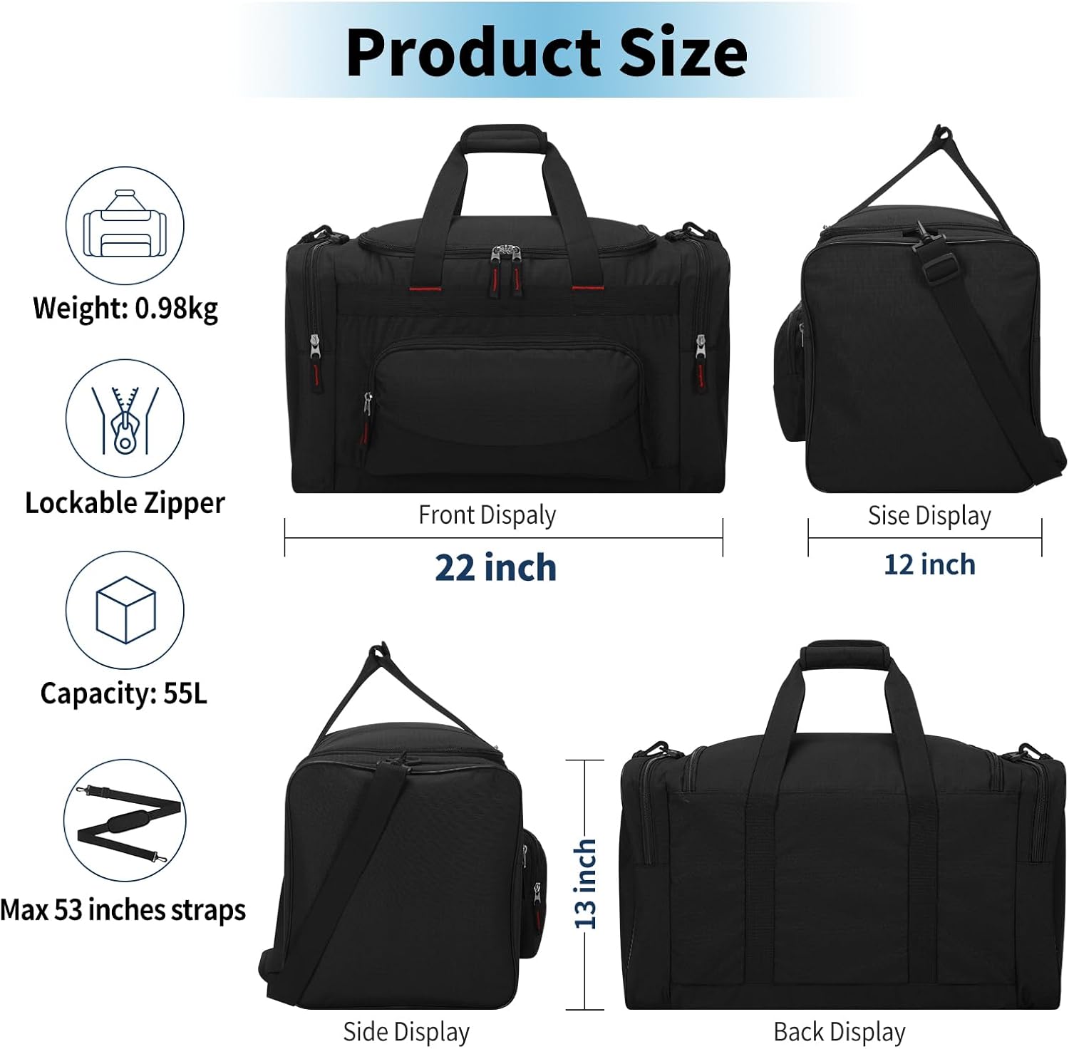 Detalle de Sport Holdall Duffle Bag 55L – 55L Gym Duffle with Shoulder Strap (Black)