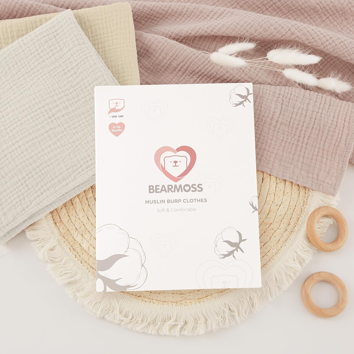 Thumbnail 5 de Bearmoss Musselin-Spucktücher Baby Set (4er), 100% Baumwolle, 60×60 cm – Sandgrün