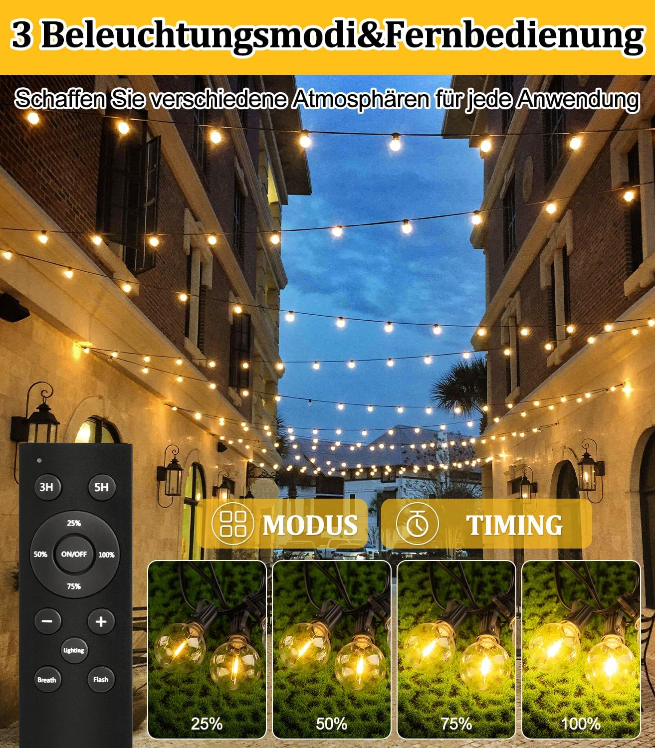 Thumbnail 2 de Solar-Fernbedienung LED-Lichterkette für außen (15 m) mit G40-Lampen, 3 Lichtmodi & IP44