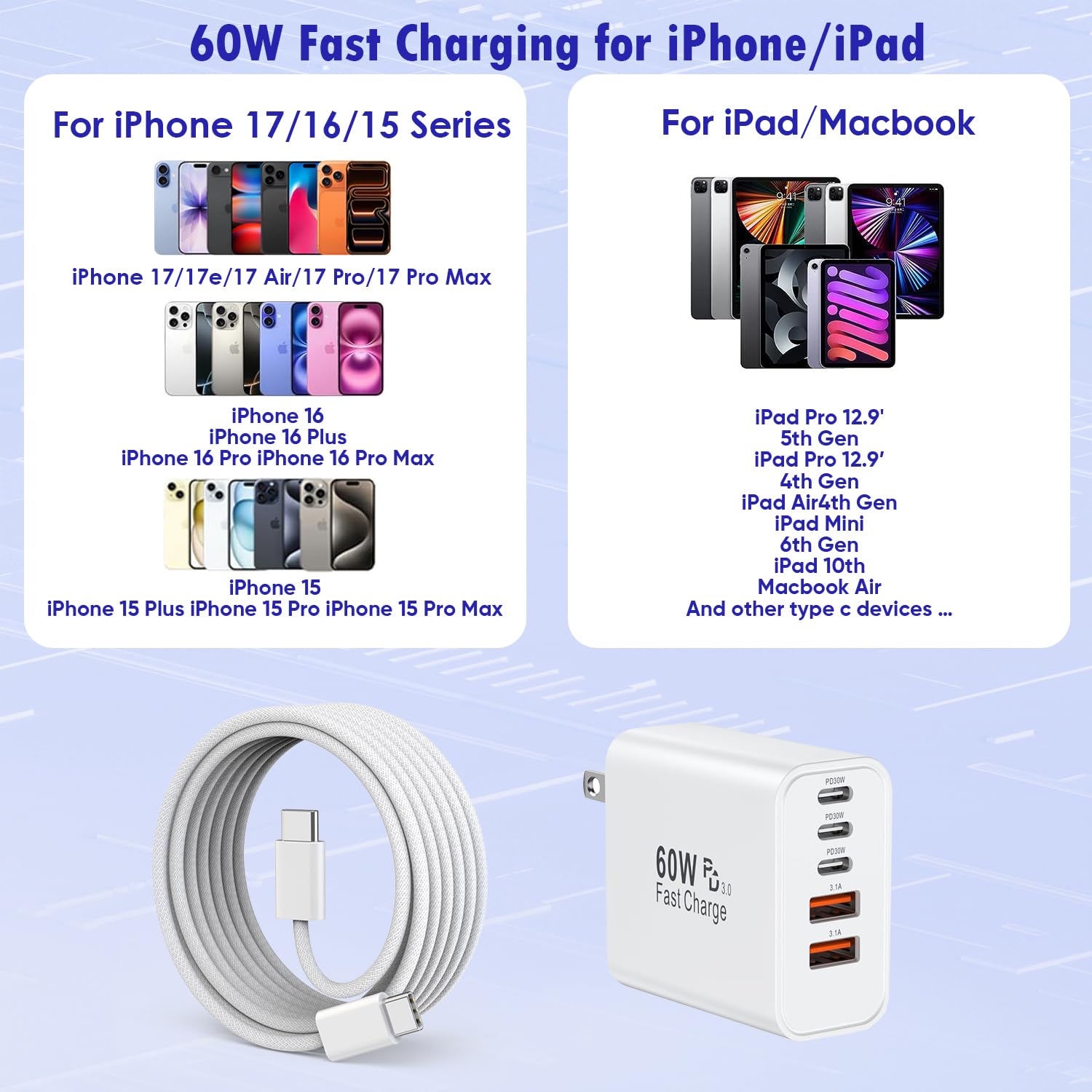 Thumbnail 2 de iPhone 17/16 Fast Charger Block 60W (2-Pack) with 5 Ports and 6-Ft USB-C Cable