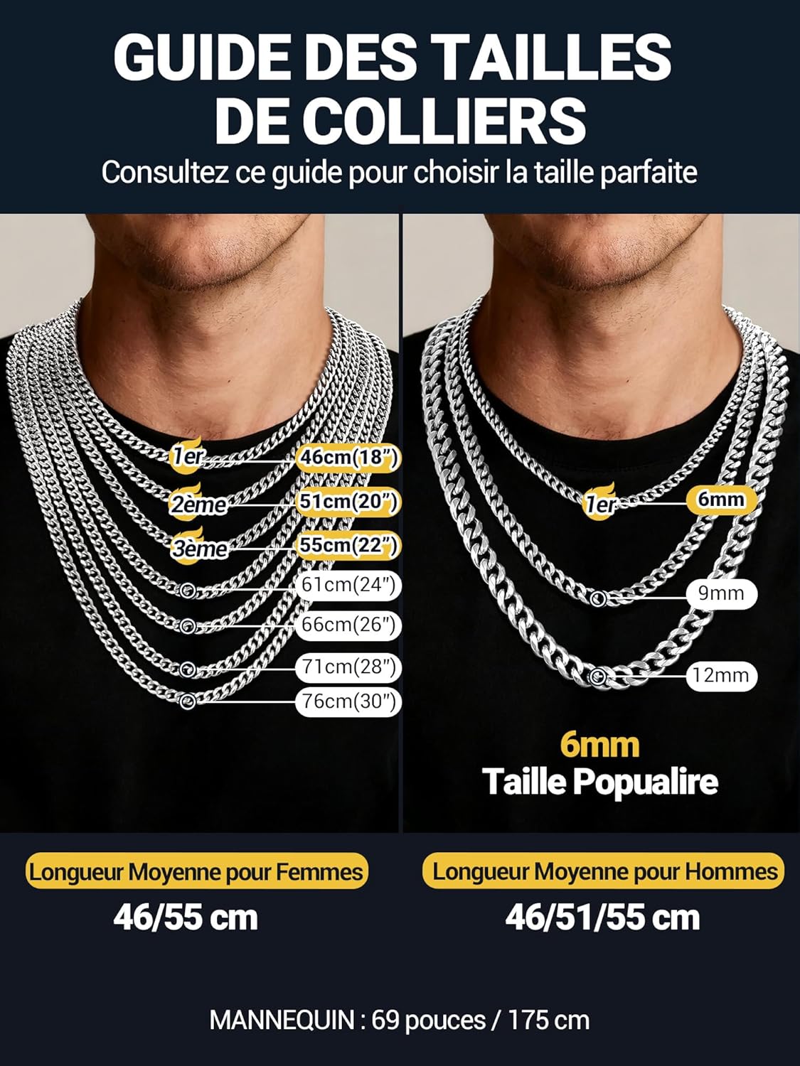 Thumbnail 4 de Collier chaîne cubaine homme PROSTEEL en acier inoxydable / plaqué or, noir mat – largeur 6/9/12 mm