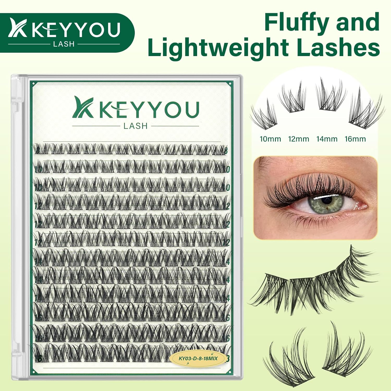 Detalle 2 de KEYYOU KY03 Lash Clusters, D Curl 0.07D Wispy Mixed Lengths 8–18mm