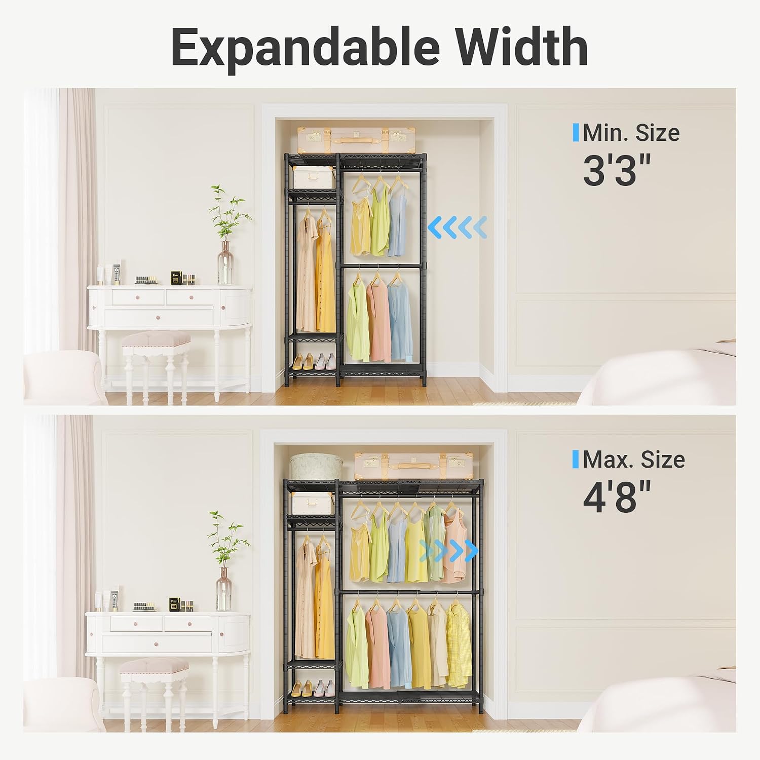 Detalle de VIPEK X20 Black Expandable Metal Clothing Rack with Adjustable Shelves