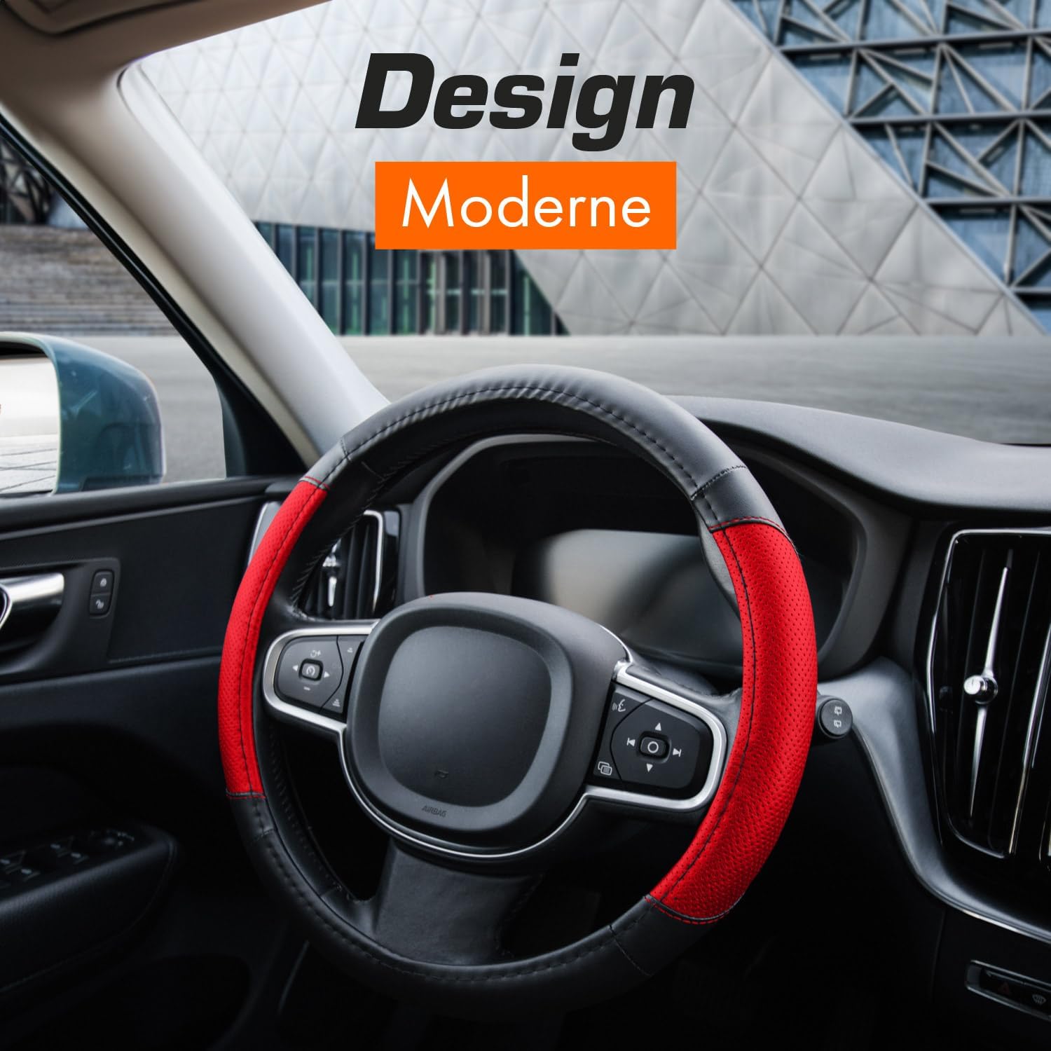 Detalle 2 de Couvre-volant Upgrade4cars en simili cuir noir et rouge (taille universelle 37–38 cm)