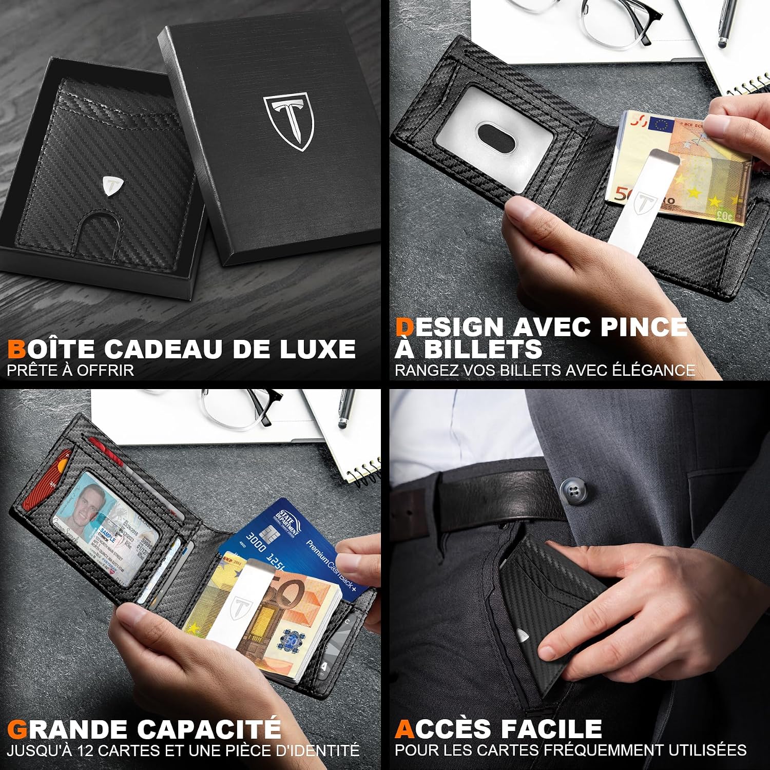 Thumbnail 4 de TEEHON Portefeuille Slim Cuir Fibre de Carbone 11 cartes