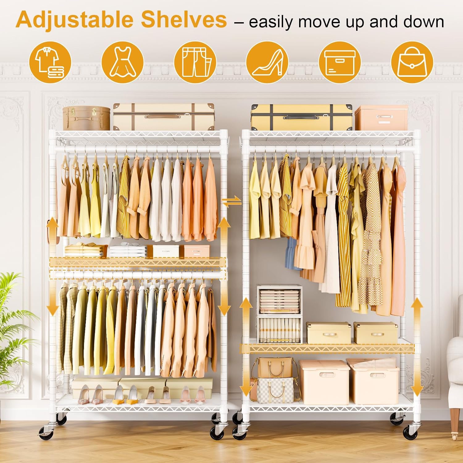 Detalle de ULIFHOME P5 Rolling Clothes Rack with Double Rods, 3-Tier Shelves and Wheels