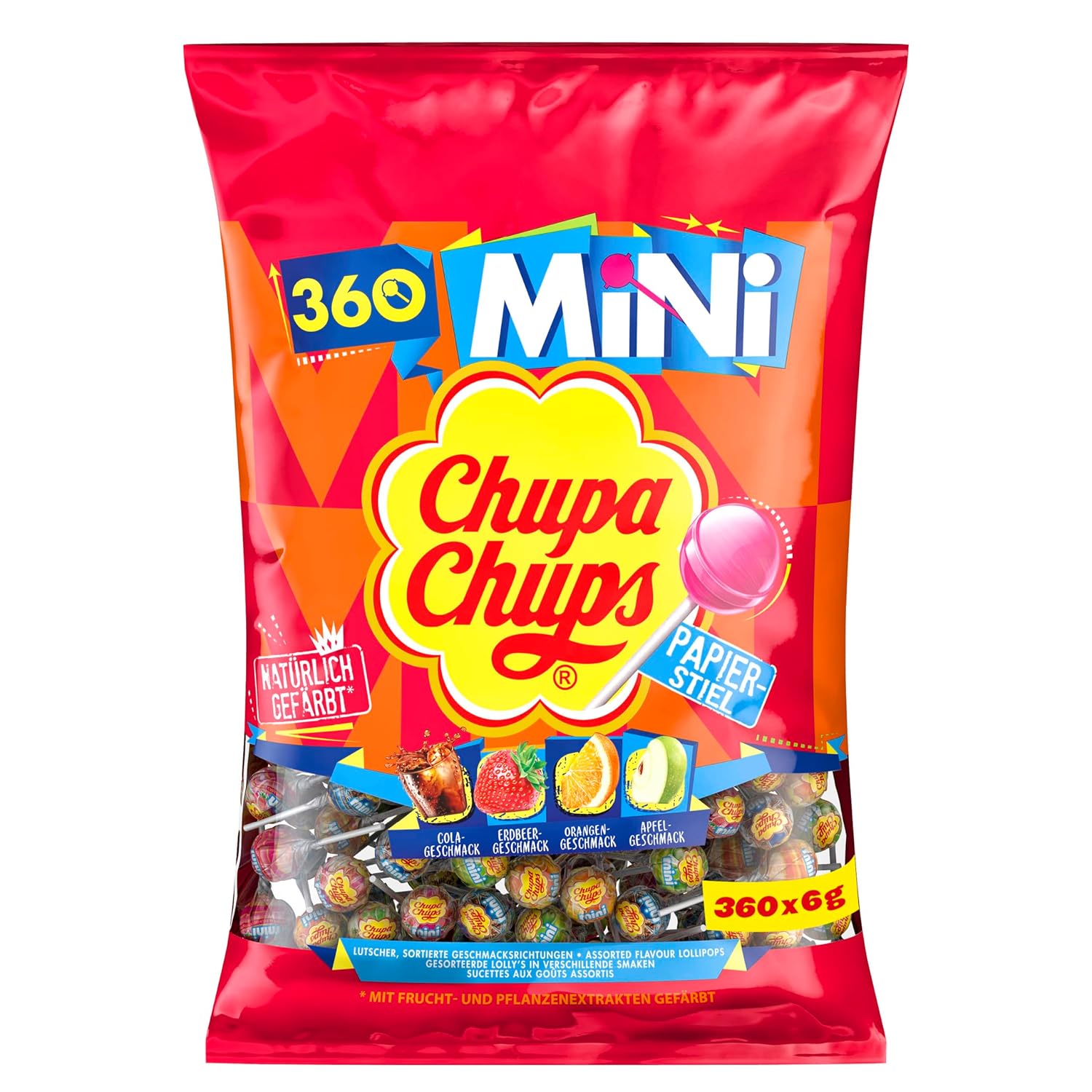 Detalle de Chupa Chups Mini Classic Lutscher-Beutel – 360 Mini-Lollis in 4 Sorten (Cola, Orange, Erdbeere, Apfel)