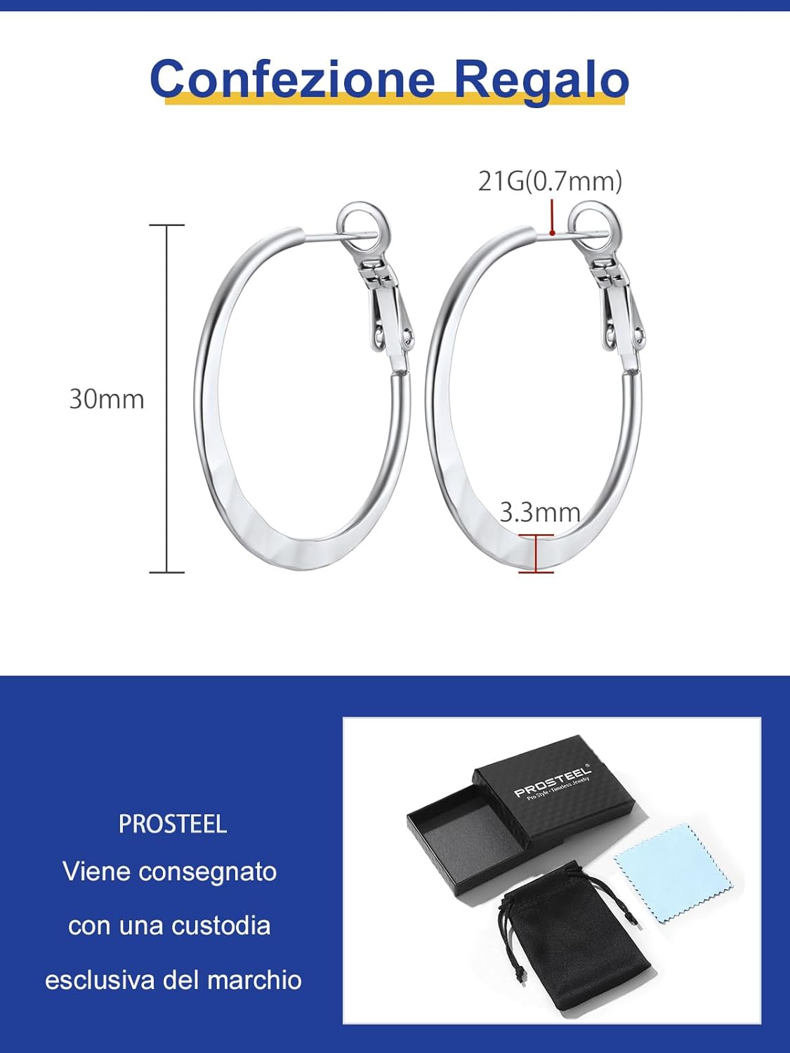 Thumbnail 5 de PROSTEEL Orecchini a Cerchio in Acciaio Inossidabile 30/40/60/80 mm – Argento/Nero/Oro Placcato
