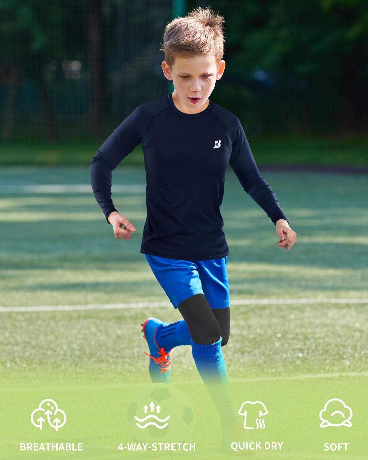 Detalle 2 de Roadbox Boys Base Layer Tops (1–2 Pack): Kids Compression Shirts for Long & Short Sleeve Sports