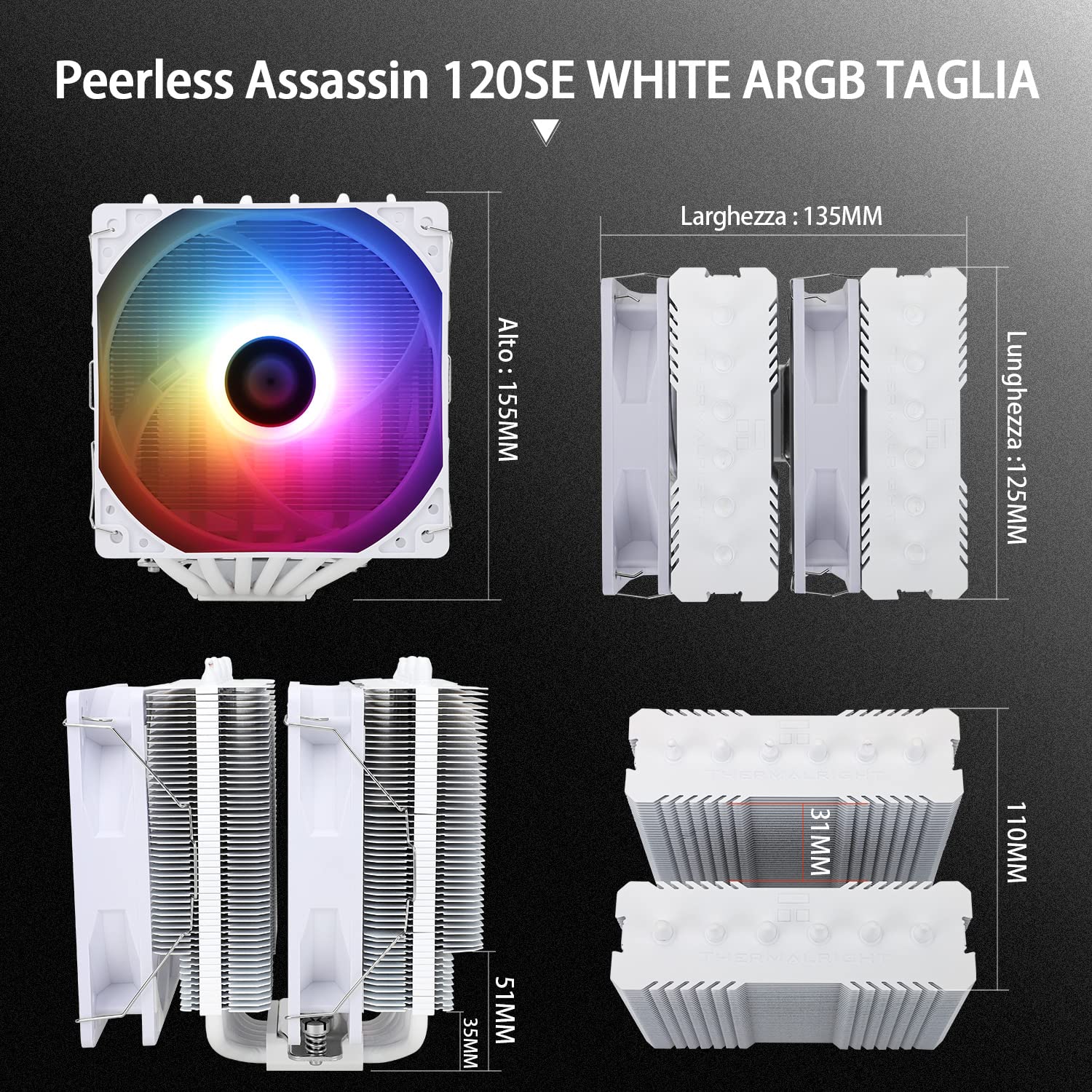 Detalle 1 de Thermalright PA120SEAR-WH Peerless Assassin 120 SE ARGB CPU Cooler, 6 Heat Pipes