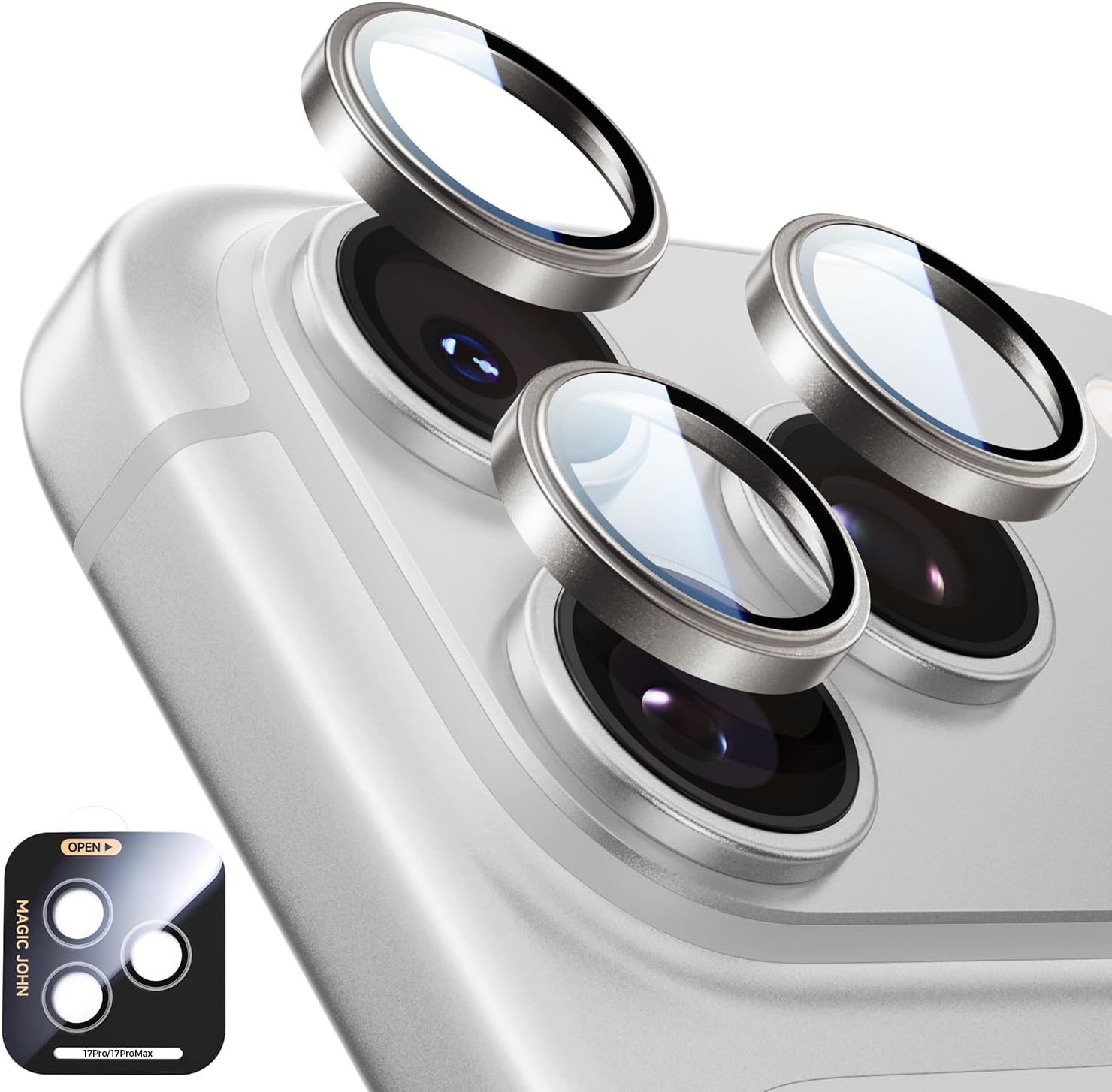 Detalle de MAGIC JOHN iPhone 17 Pro Max/17 Pro Lens Protector, 9H Glass, Gray, 2-Pack