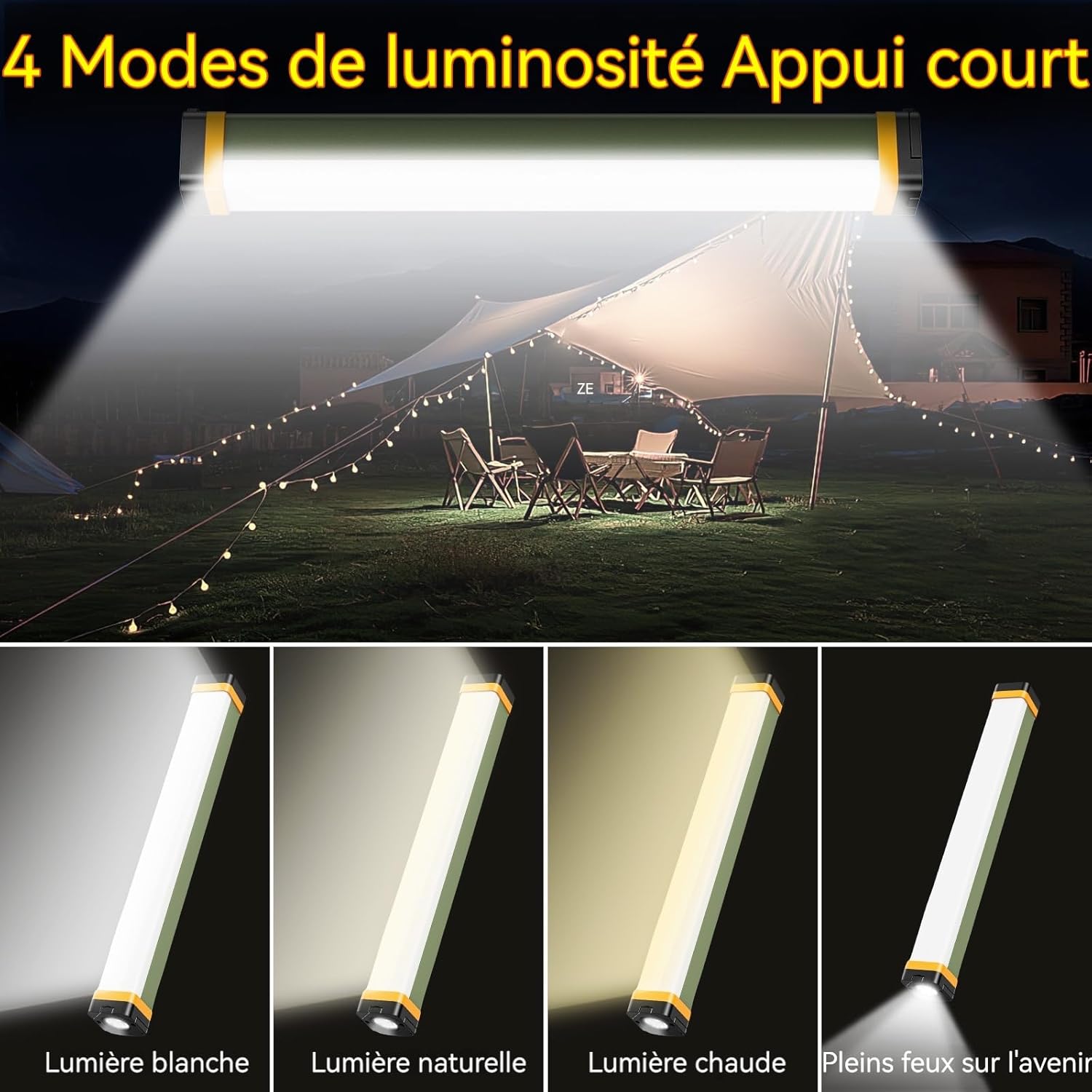 Detalle de Barre lumineuse magnétique pour tente – lampe de camping rechargeable 4 modes, 400 lumens, USB et 1200 mAh