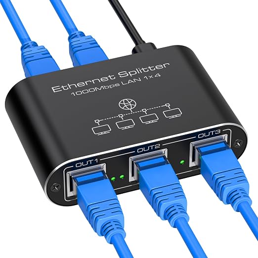 Detalle de VEDINDUST Switch Ethernet 1 a 4 1000Mbps 🌐 Aluminio Gigabit RJ45