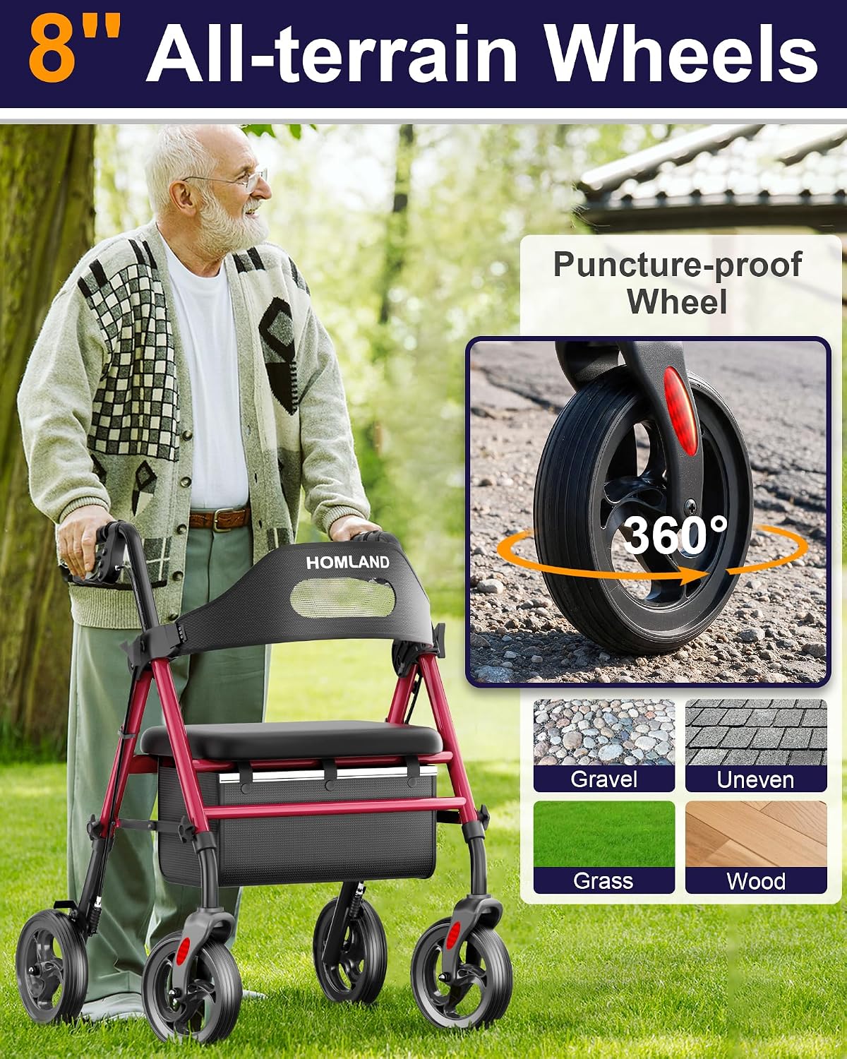 Detalle 2 de HOMLAND Foldable Rollator Walker 350 lb. capacity 🦽