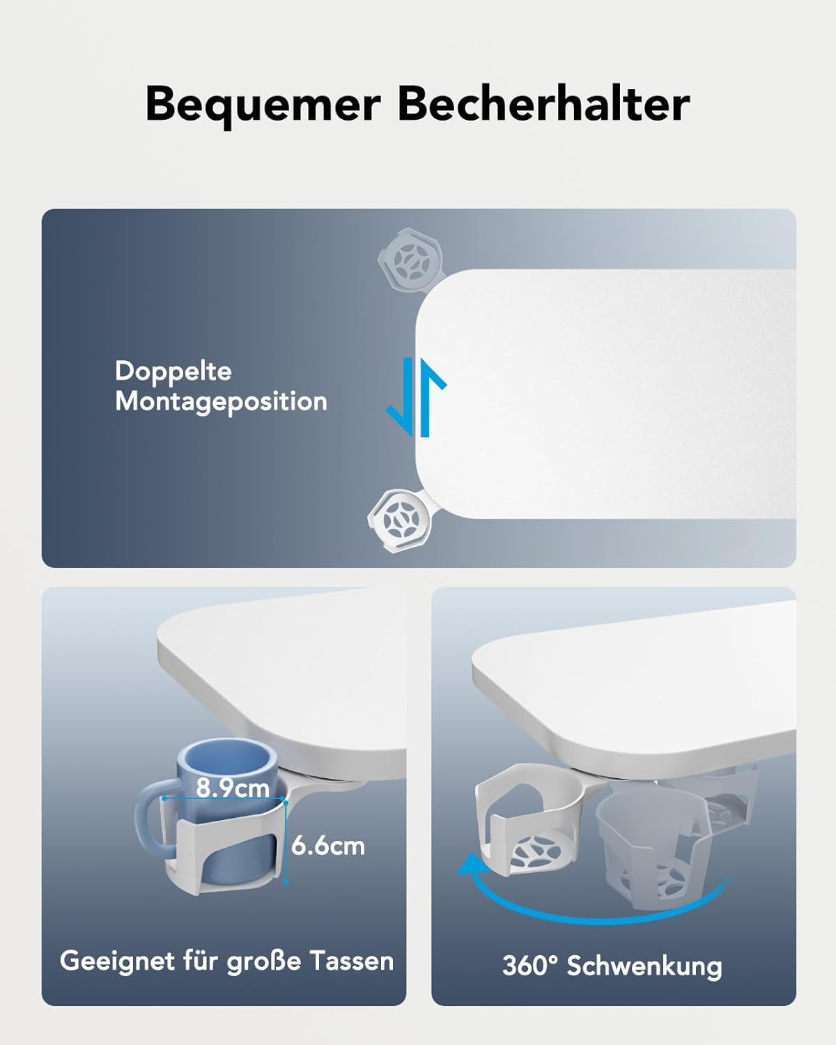 Thumbnail 6 de HUANUO Beistelltisch mit Rollen – höhenverstellbar, 70 x 40 cm, Becherhalter, mobil für Homeoffice