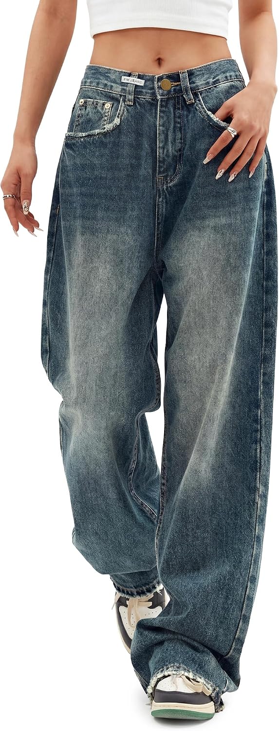 Detalle de EMMIOL Women Baggy Jeans — Mid-Low Waist Boyfriend Wide-Leg Denim Pants