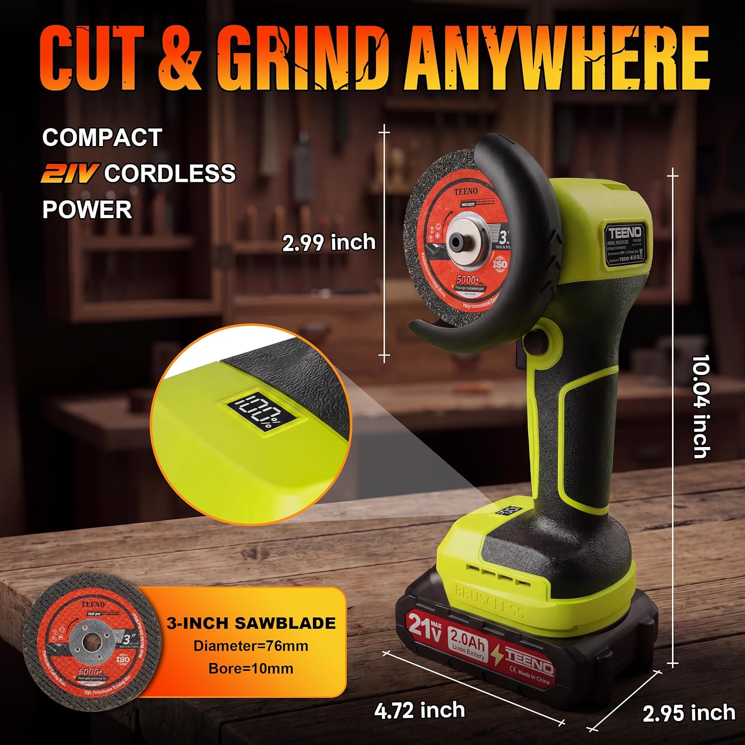Detalle 2 de TEENO T-3821-GREEN-2 3-Inch Cordless Angle Grinder, LCD, 19,500 RPM