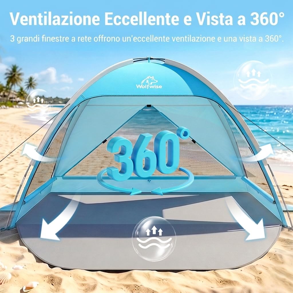 Detalle de Wolfwise Tenda da Spiaggia UPF 50+ per Famiglia – 3 Persone, Blu, Finestre Ventilate e Pavimento Estensibile