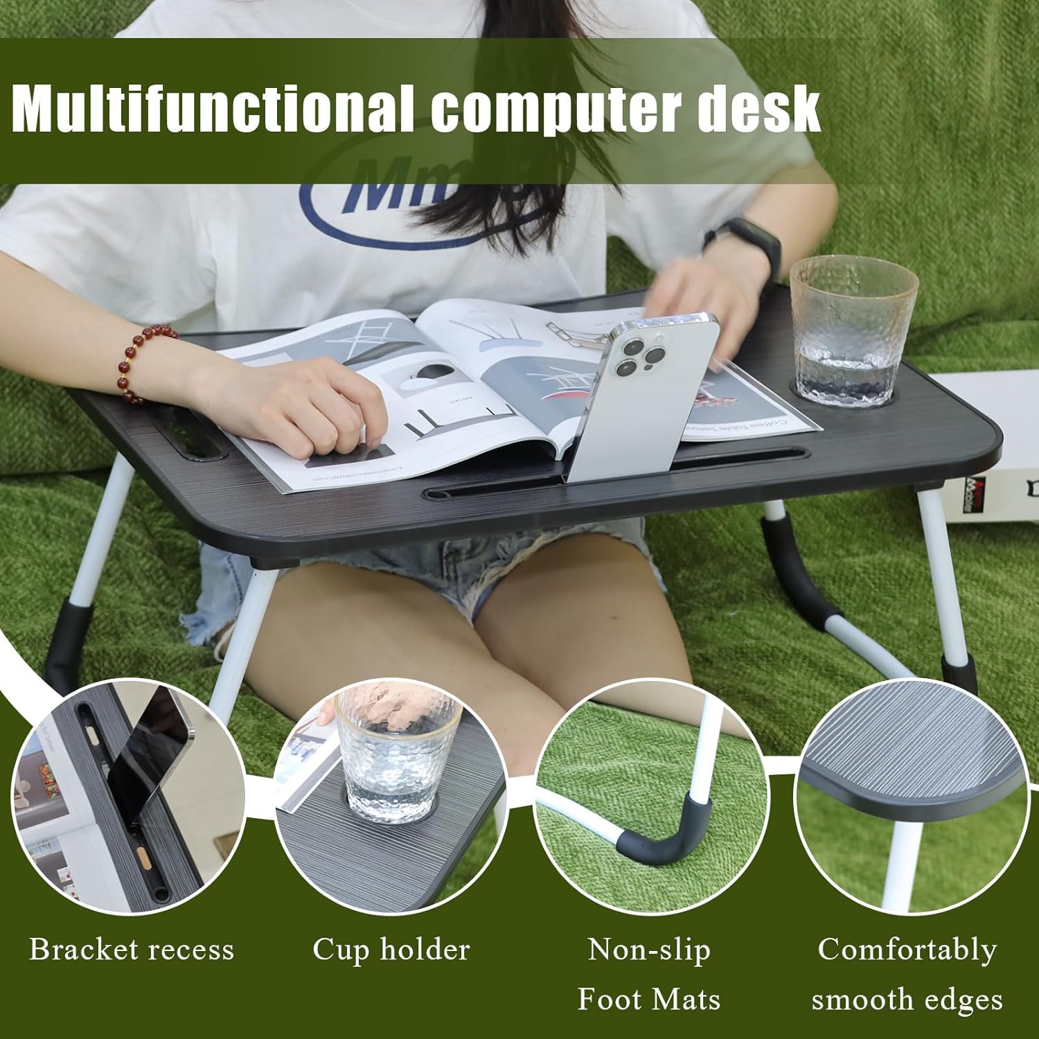 Thumbnail 1 de Laptop Desk with Foldable Legs and Cup Slot – Black (Bed Table)