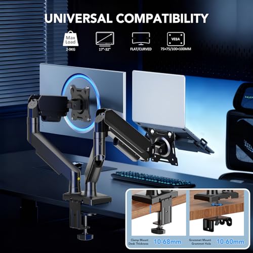 Detalle de AX WABER Dual Monitor Stand (AX09DB201): Adjustable Desk Mount for 17"–32" Screens