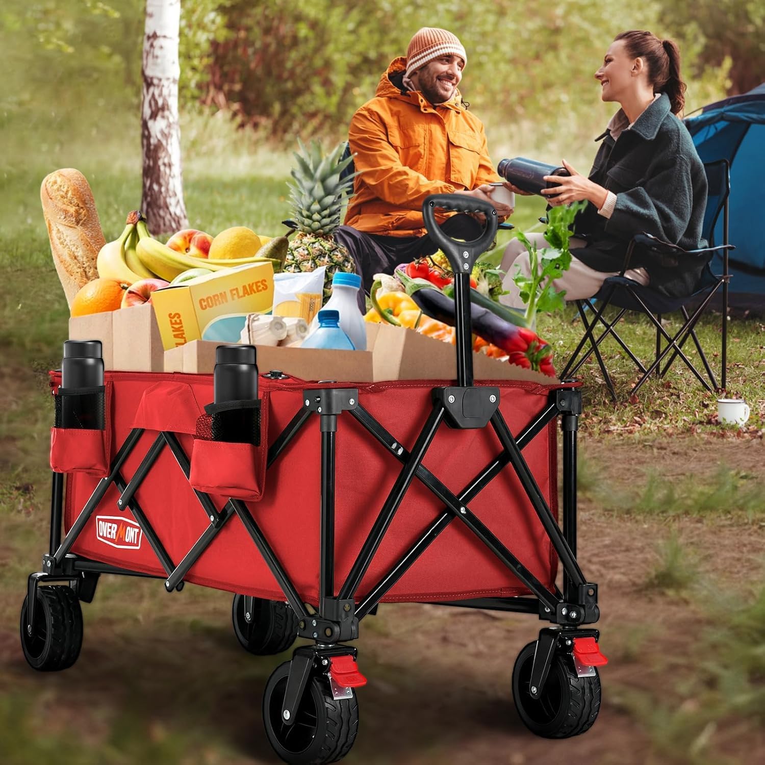 Detalle de Overmont 150kg Festival Camping Trolley on Wheels – Heavy Duty Folding Beach Wagon Cart with Extra Wide Wheels