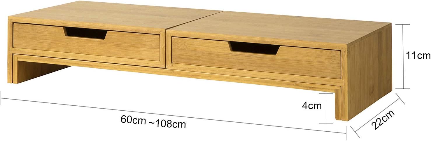 Thumbnail 3 de SoBuy supporto monitor da scrivania BBF04-N in legno massello di bambù per 2 monitor con angoli girevoli e 2 cassetti