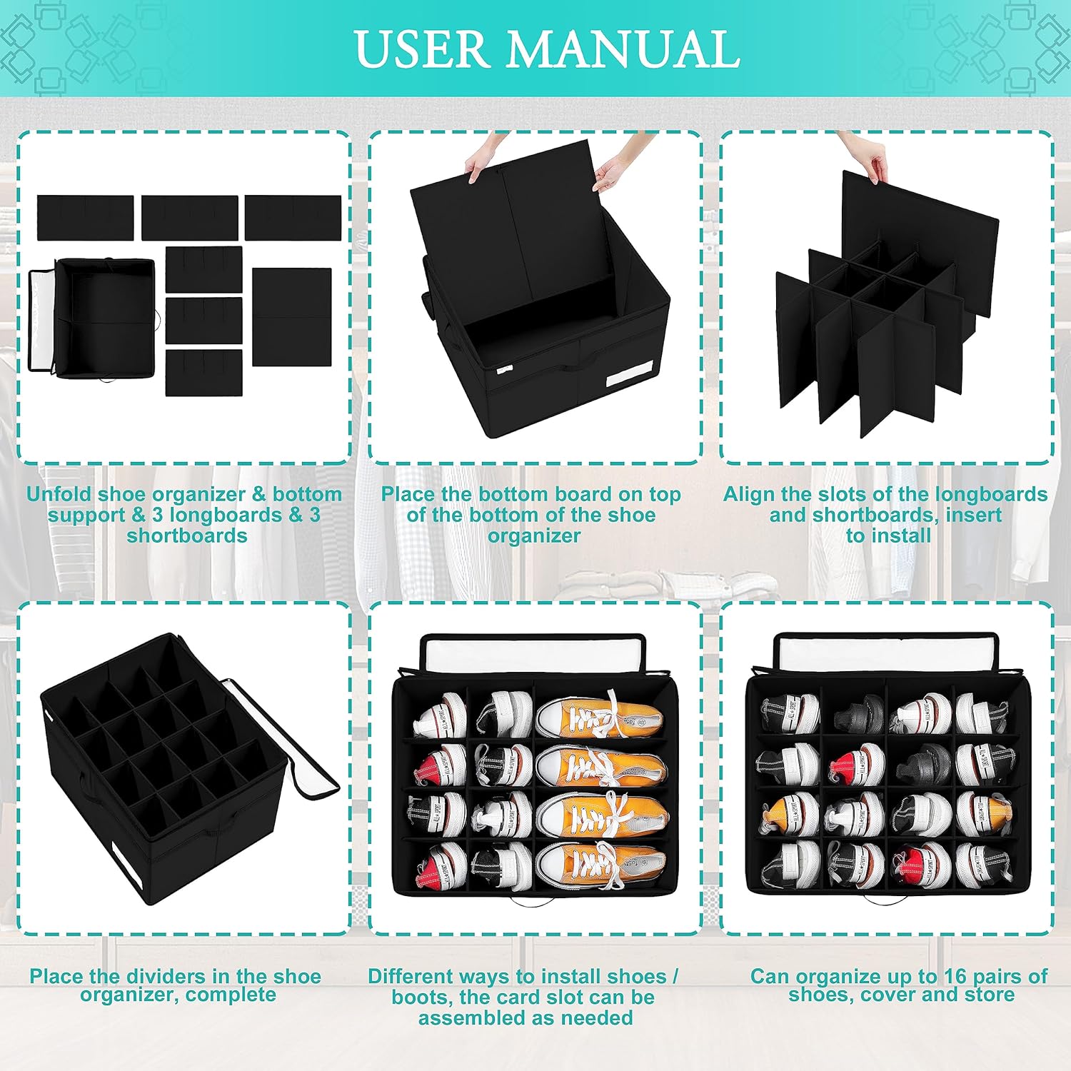 Detalle 2 de LUVHOMEE Shoe Organiser for Closet – Fits 16 Pairs, Large Clear Foldable Storage Bins