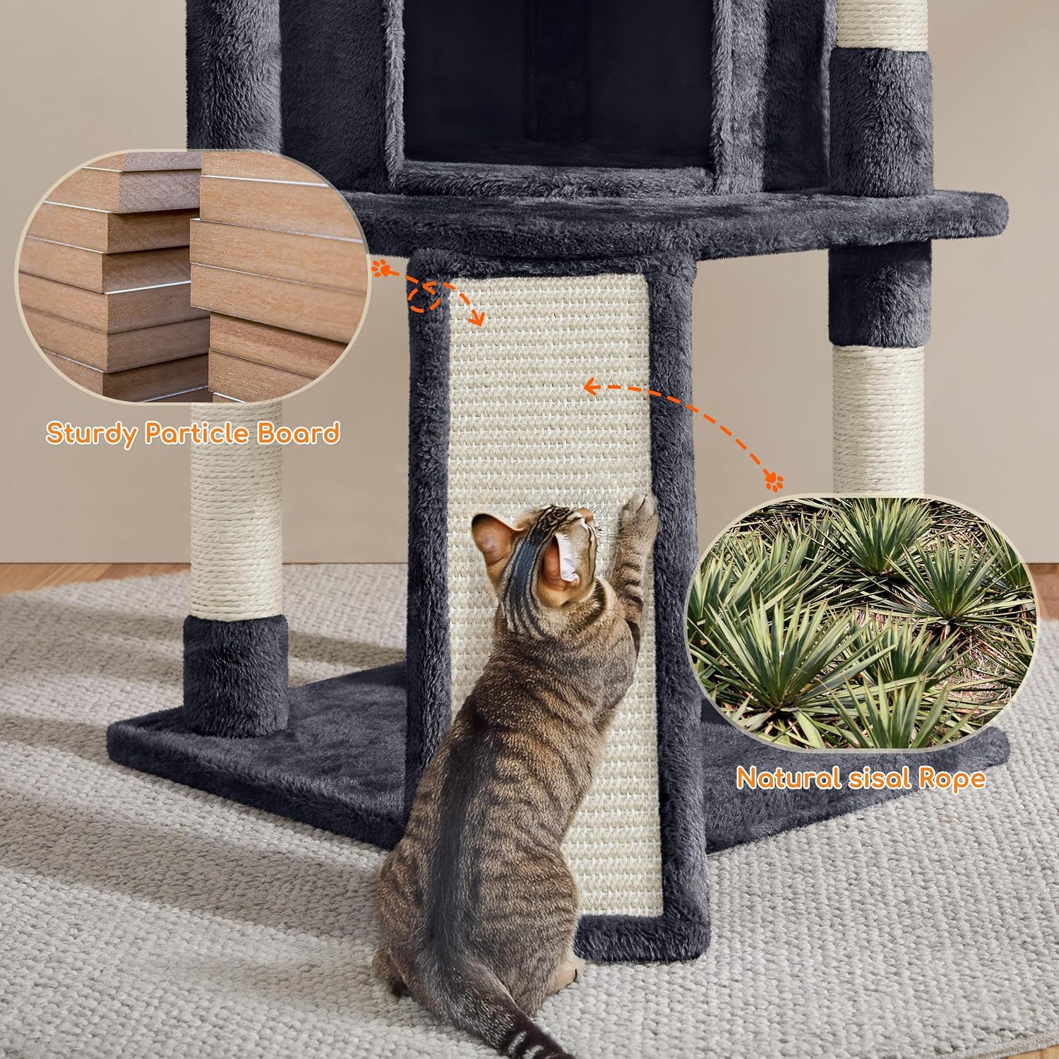 Detalle 2 de Yaheetech 107cm cat tree climbing tower with scratching posts, condo and basket (dark grey)