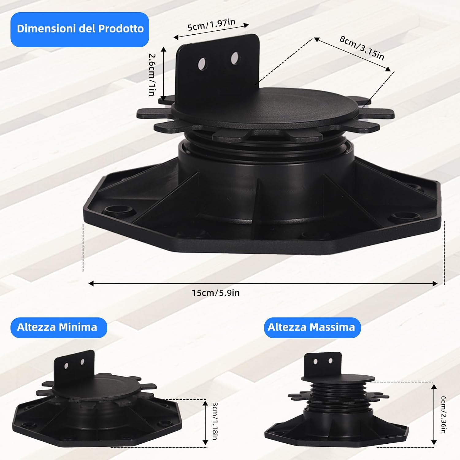 Thumbnail 6 de Set 24 Supporti Regolabili Pavimento per Sottostrutture in WPC, Legno e Alluminio – Altezza 30–60 mm