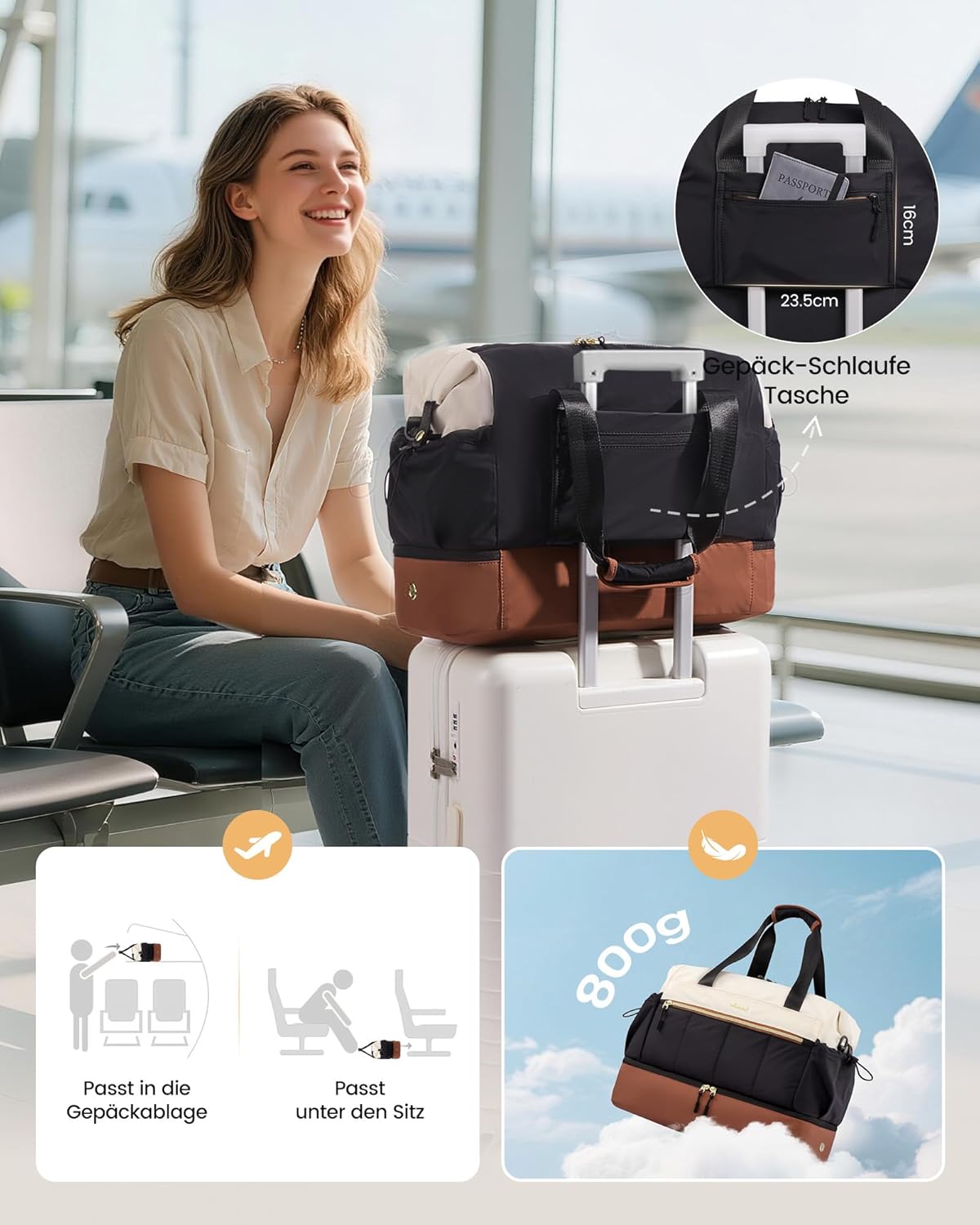 Detalle de LOVEVOOK Reisetasche Damen – Leichtes Weekender mit Schuhfach und Nassfach, 30 L, 46x20,3x32,5 cm