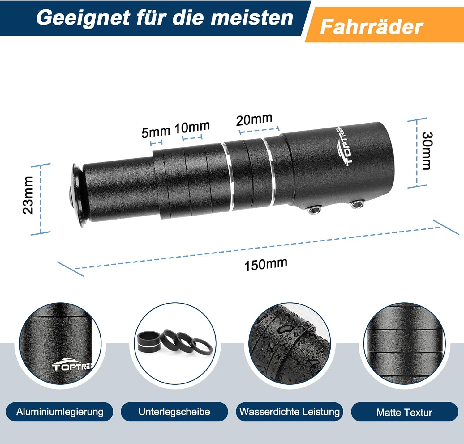 Thumbnail 3 de toptrek Lenkererhöhung Fahrrad (Vorbau 28,6 mm) für MTB, Rennrad & City – Höhenverstellung mit Spacern, 150 mm