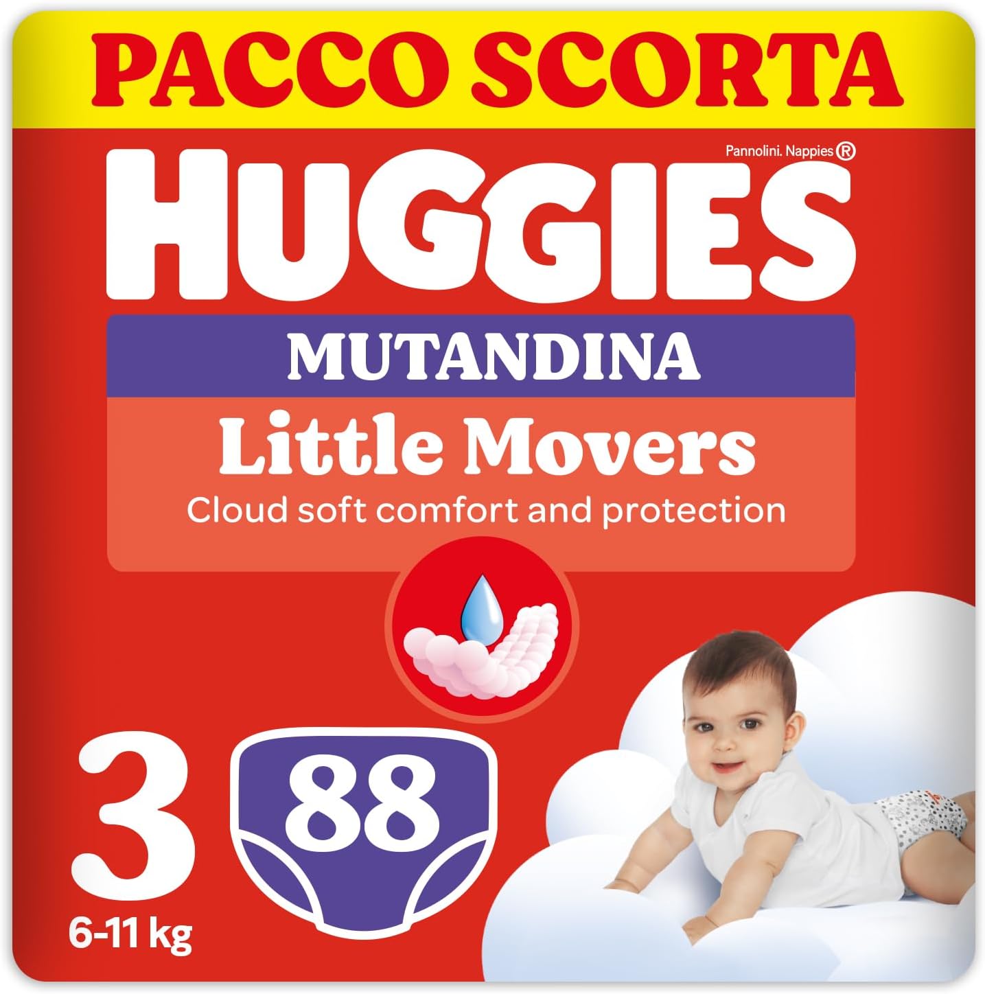 Detalle de Huggies Little Movers Mutandina Taglia 3 (6-11 Kg) – 88 Pz: assorbenza elevata e vestibilità delicata