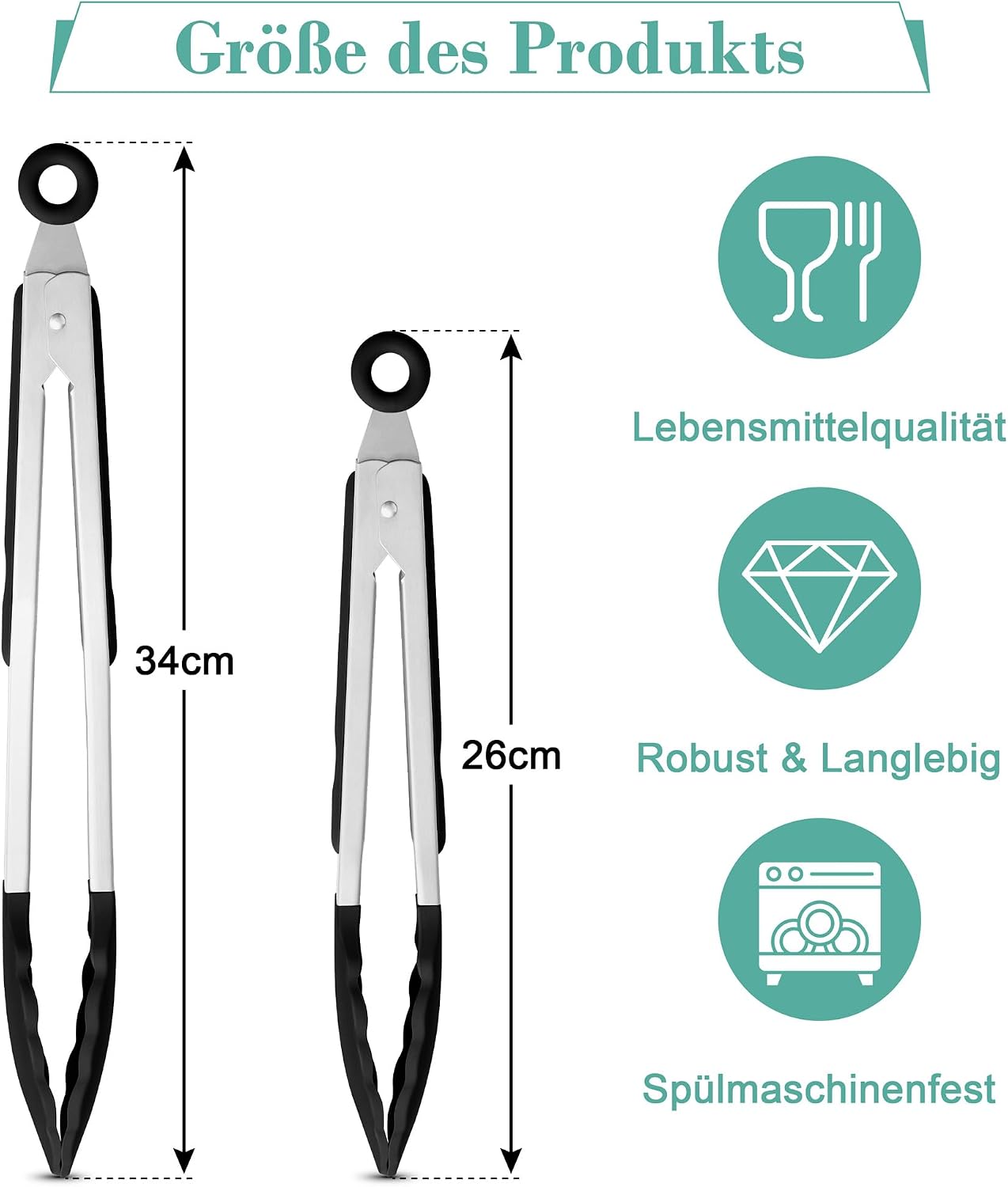 Detalle 2 de HaWare Küchenzange – 2er Edelstahl-Set mit hitzebeständigem Silikongriff, Schwarz