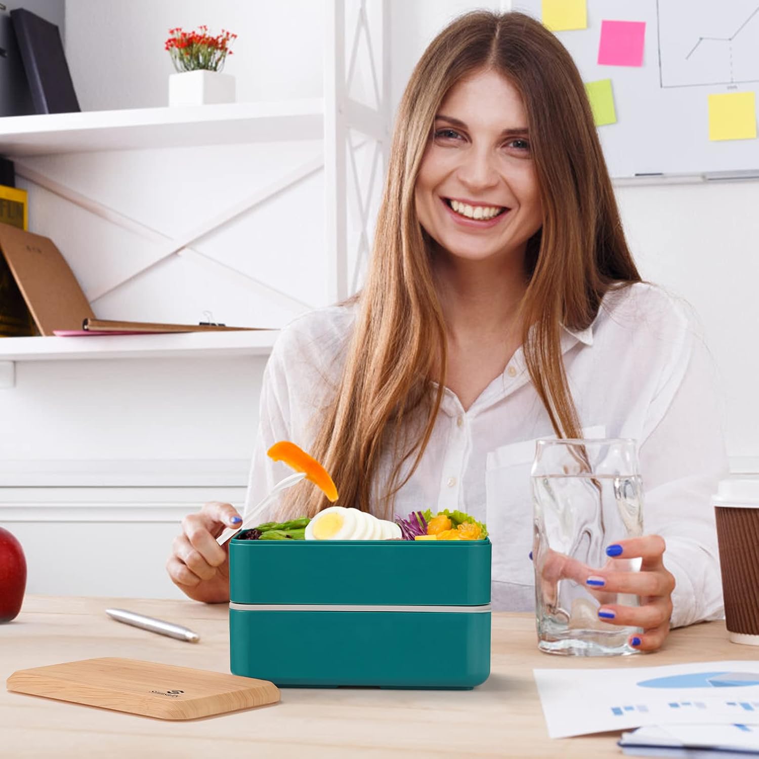 Thumbnail 5 de Sinnsally Bento lunchbox voor volwassenen, 1400 ml, 2 vakken, Scandinavisch groen