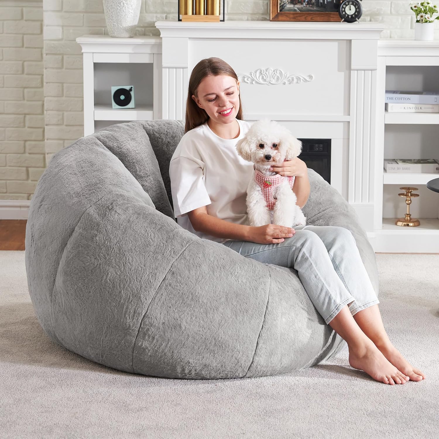 Detalle de Hobestluk 62-608 Donut-Shaped Bean Bag Chair, Grey Faux Fur