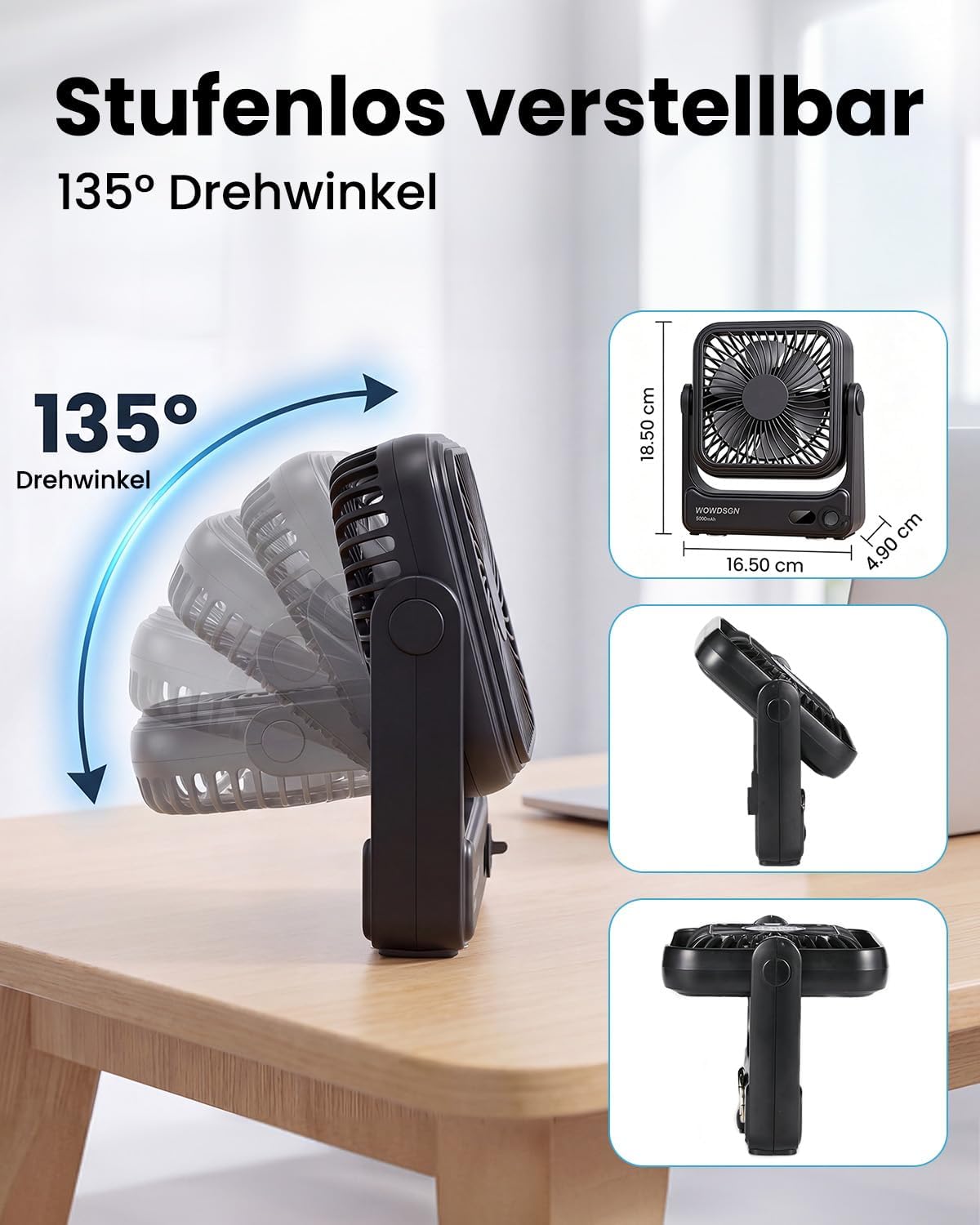Thumbnail 6 de WOWDSGN Tischventilator USB mit Starker Magnetbefestigung, 5000 mAh Akku, LED-Display und 4 Stufen – kompakt, flexibel und ideal für Camping, Wohnmobil und Büro