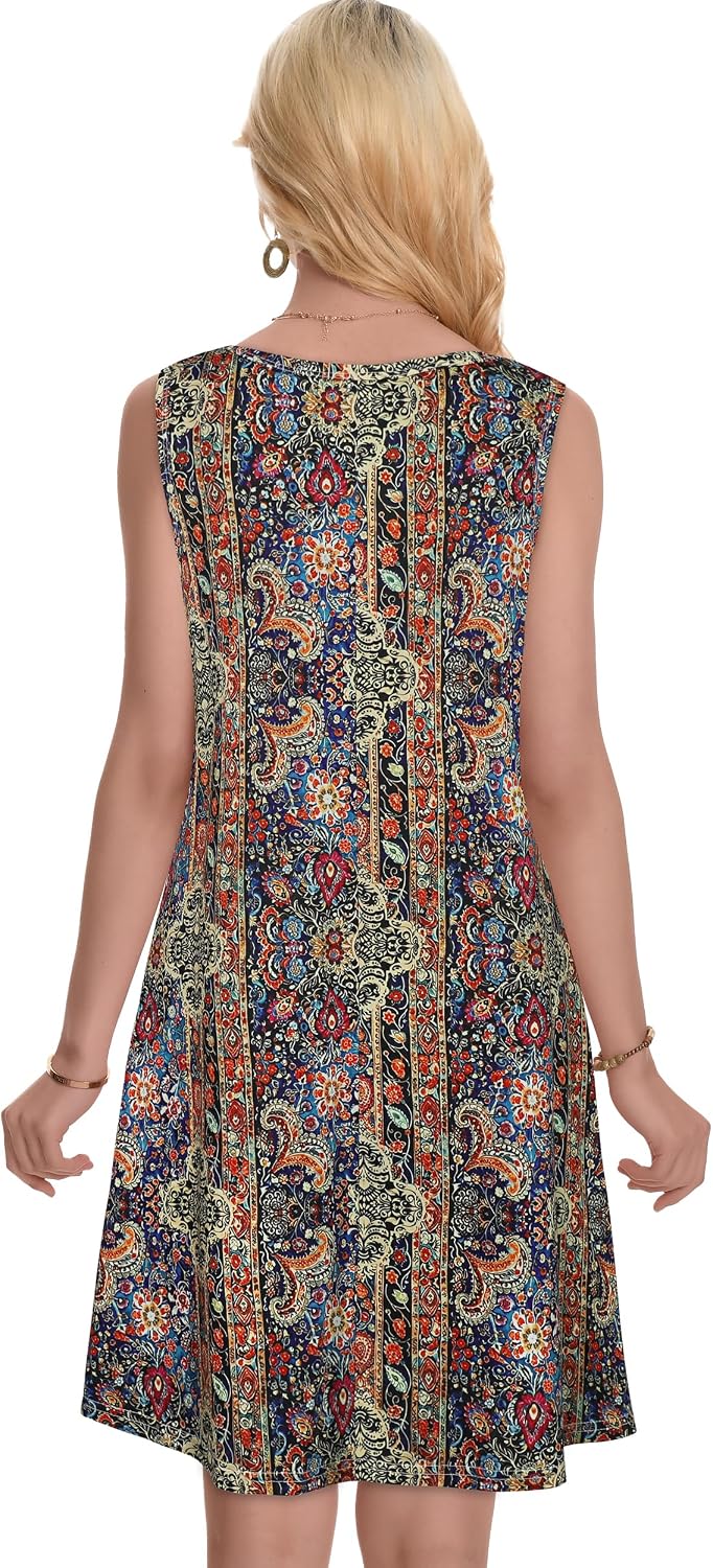 Detalle de Summer Dresses for Women Beach Boho Sleeveless Vintage Floral Flowy Pocket Tshirt Tank Sundresses 2026